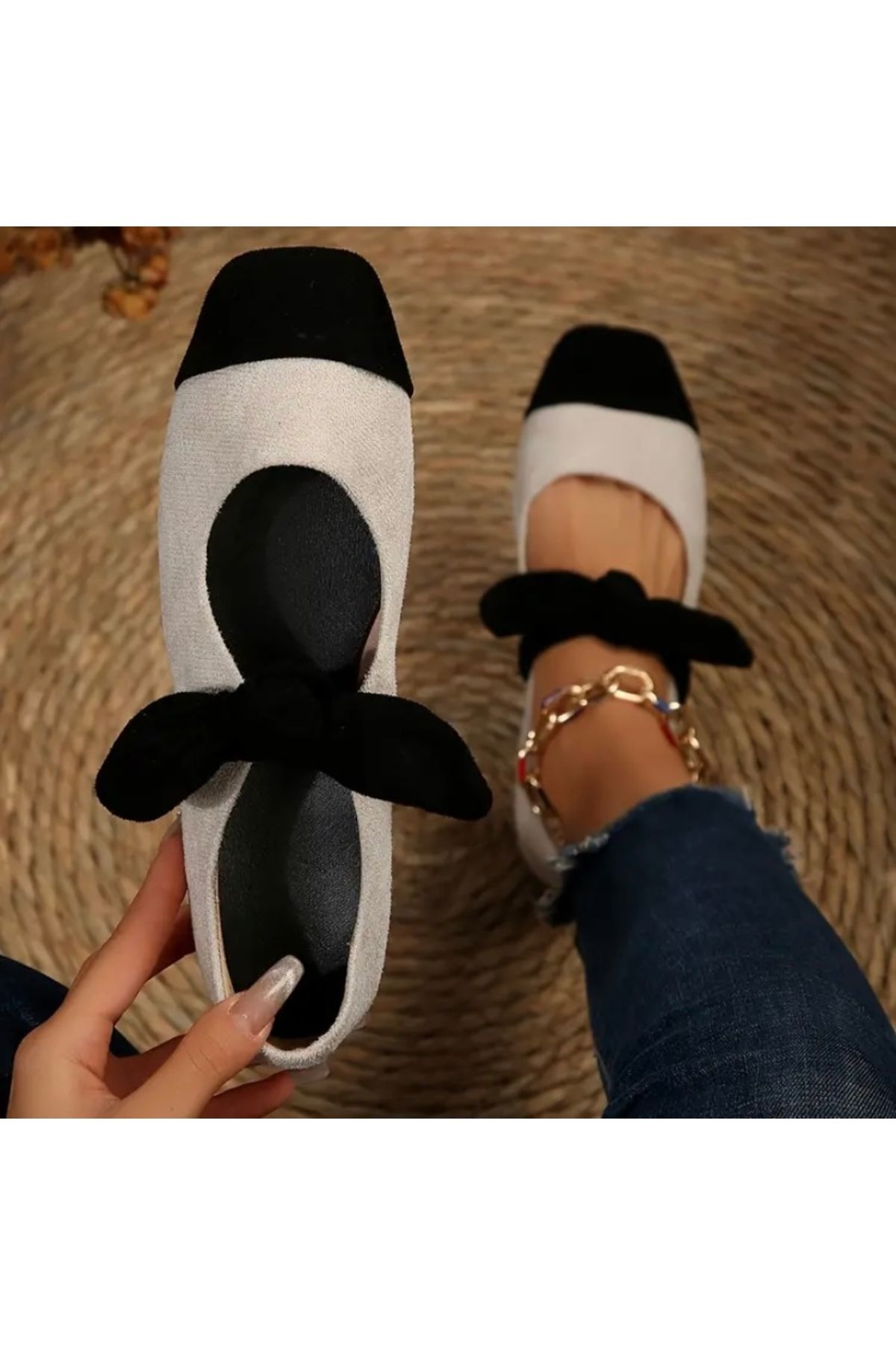 Accessories Vanilla Avenue Siyah Beyaz Kurdele Rahat Düz Taban Kadın Babet Ayakkabı