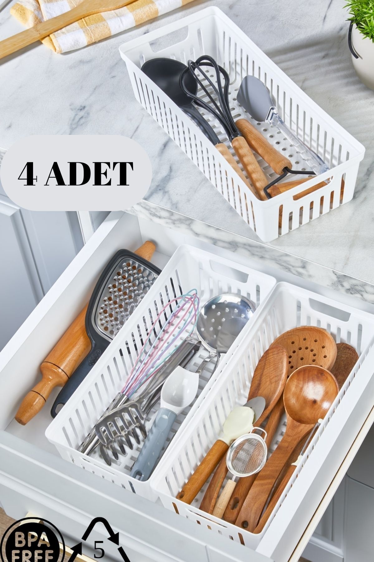 HAPPENS 4'Lü Beyaz Set Modüler Kaşıklık Ve Kepçelik Çekmece Içi Düzenleyici Mutfak Organizer