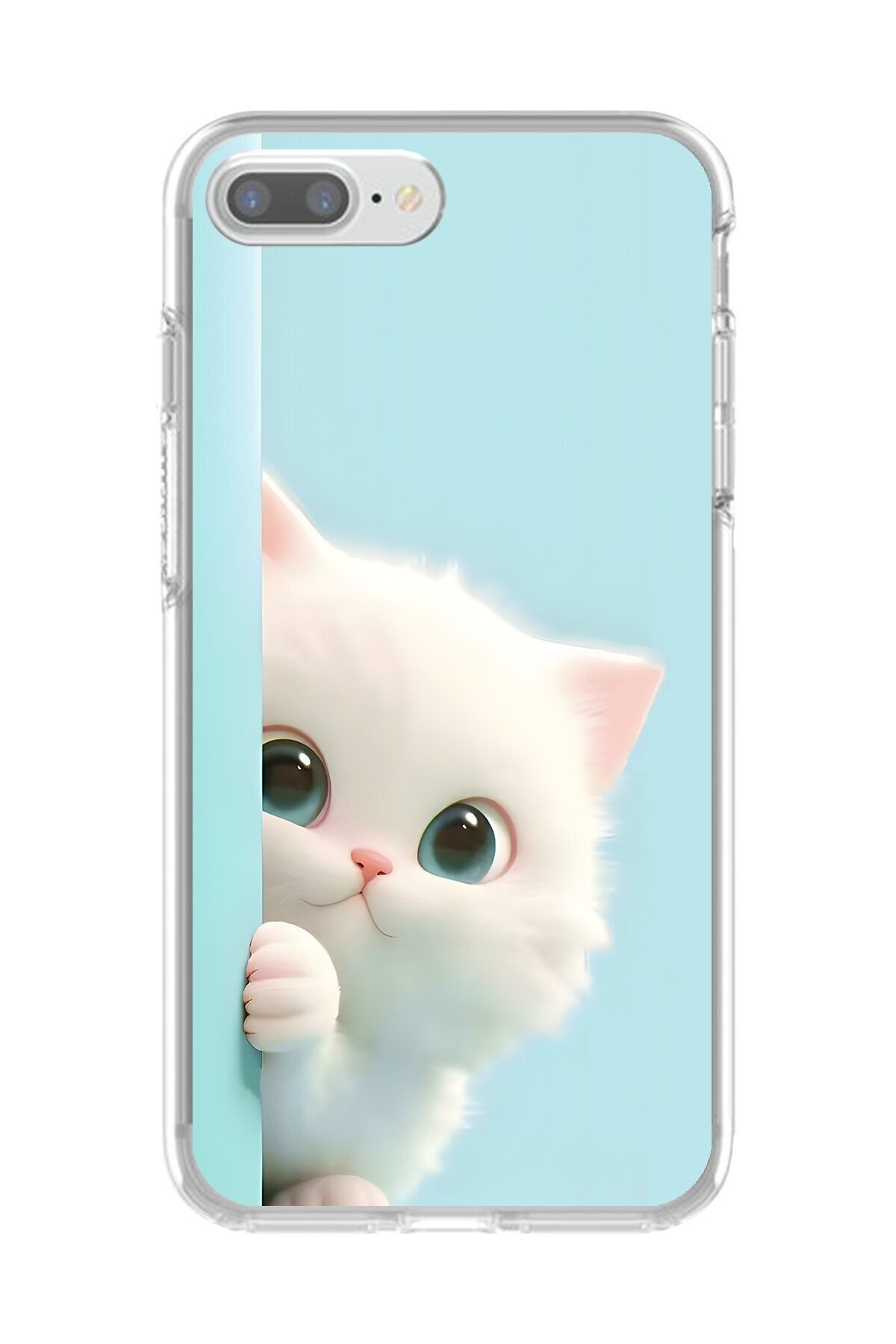 Dali Design iPhone 8 Plus Uyumlu Şeffaf Kılıf 2 Peluş Kedi Tasarımlı