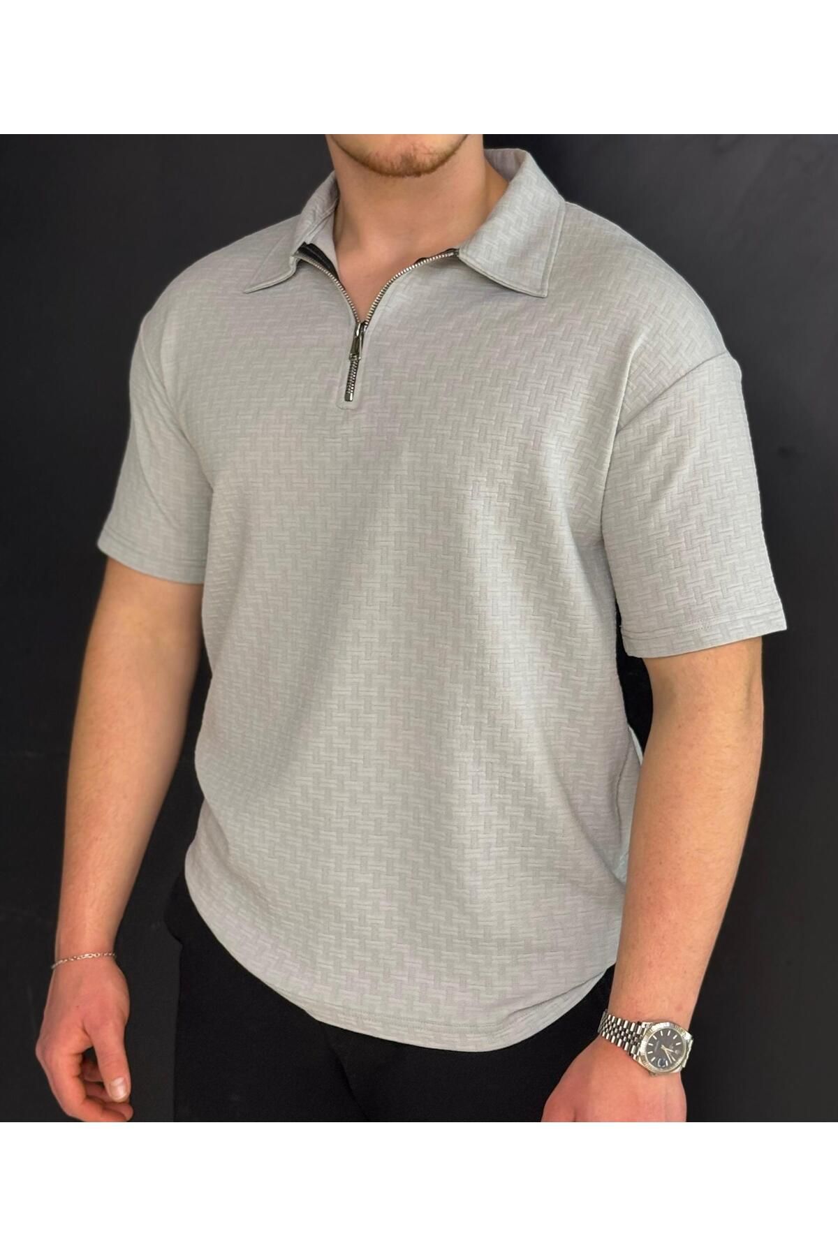 Alpha star Örme kumaş desenli likralı yarım fermuar polo yaka t-Shirt