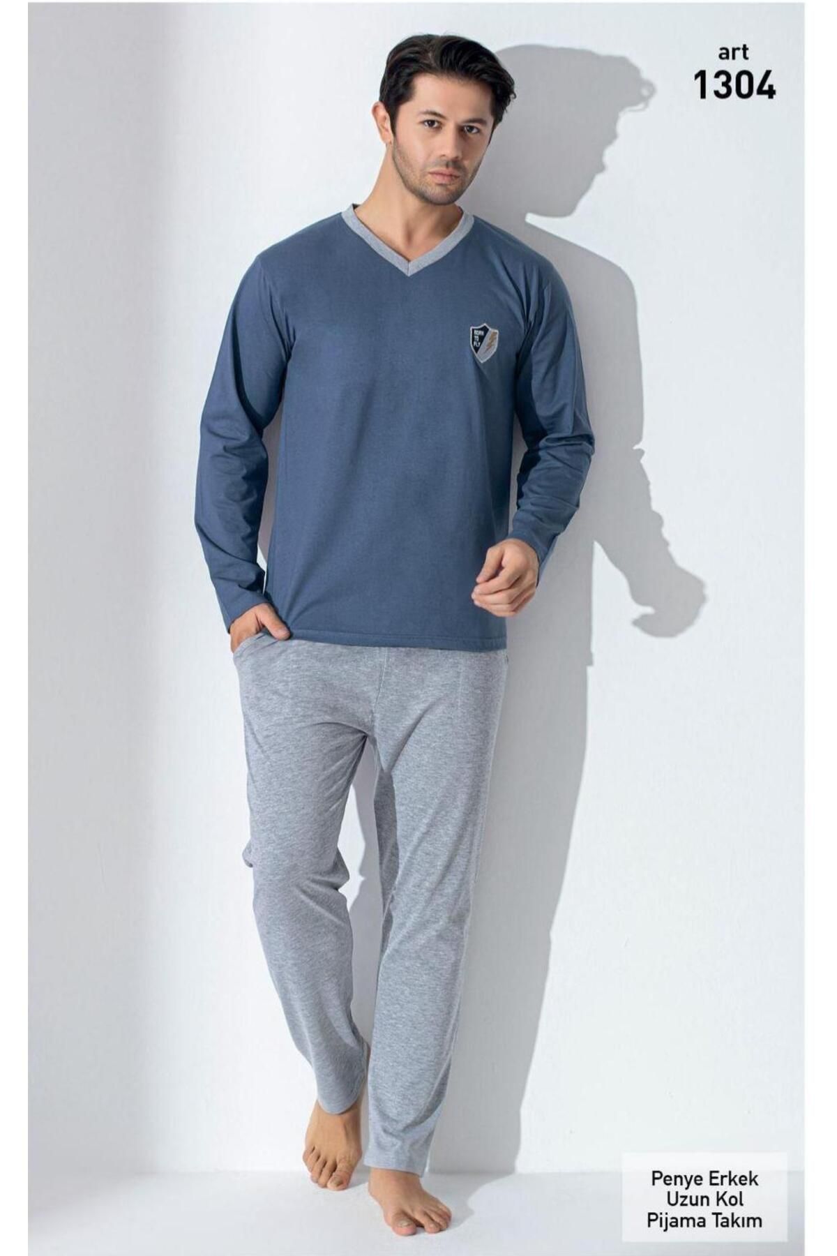 XORVİO Erkek Mavi Uzun Kollu Pantolon Mevsimlik Cepli Beli Lastikli % 100 Pamuk Regular Fit Pijama Takım