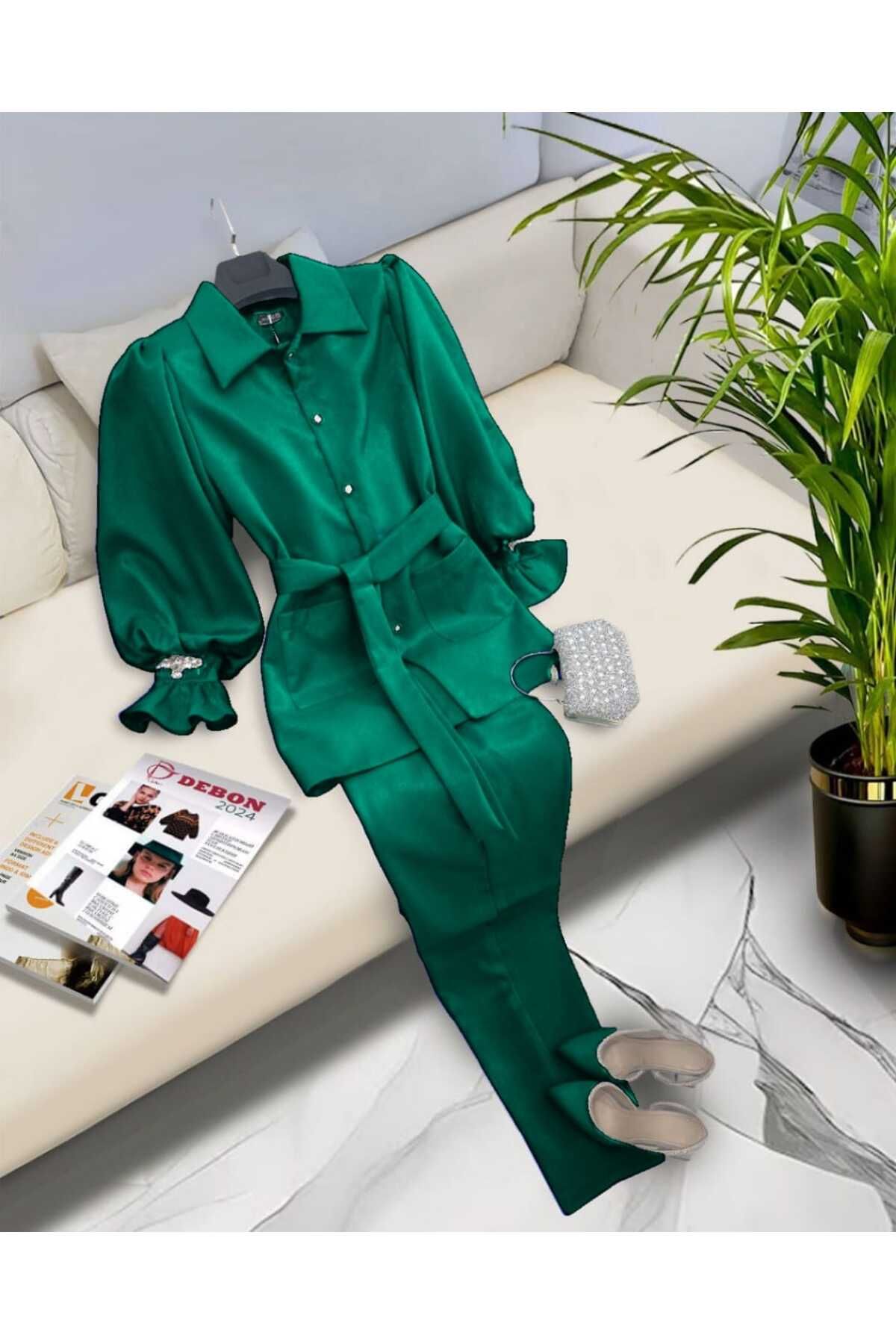 zümrüt moda kolu taş detaylı tunik ve pantolon , ikili saten takımı 1721