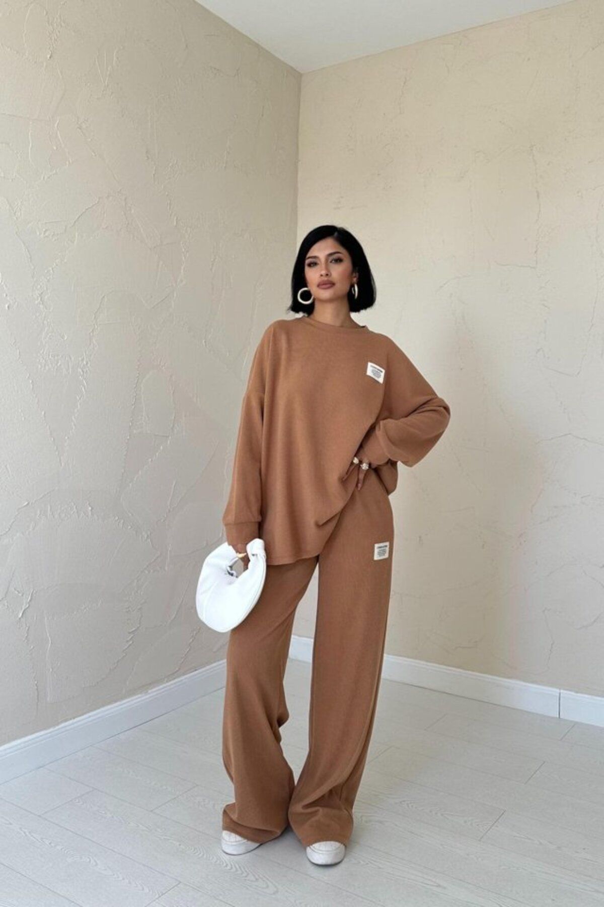 royq Camel Klasik Fitilli Kazak Ve Pantolon Takım