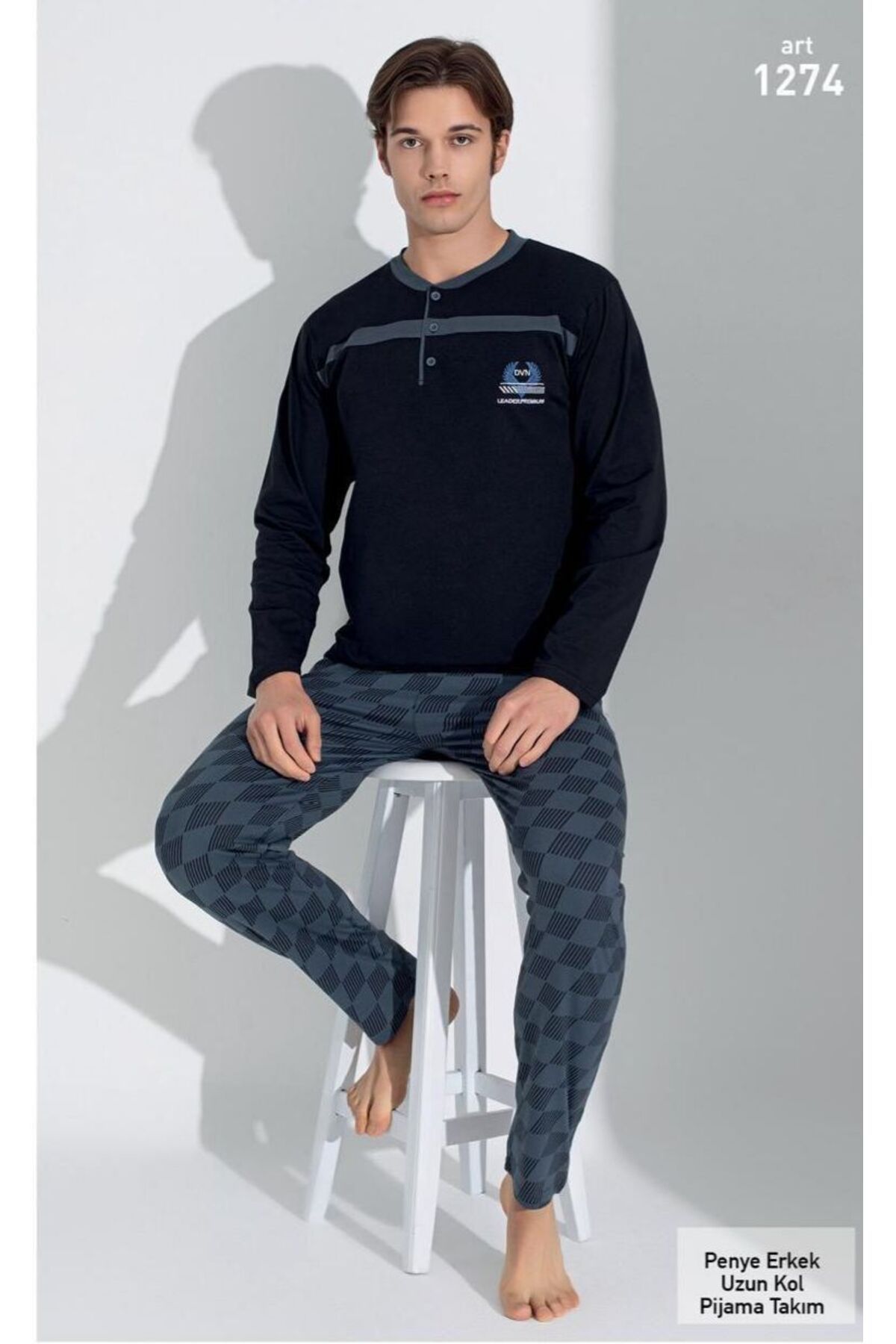 XORVİO Erkek Lacivert Uzun Kol Pantolon Mevsimlik Cepli Beli Lastikli %100 Pamuk Fit Pijama Takım