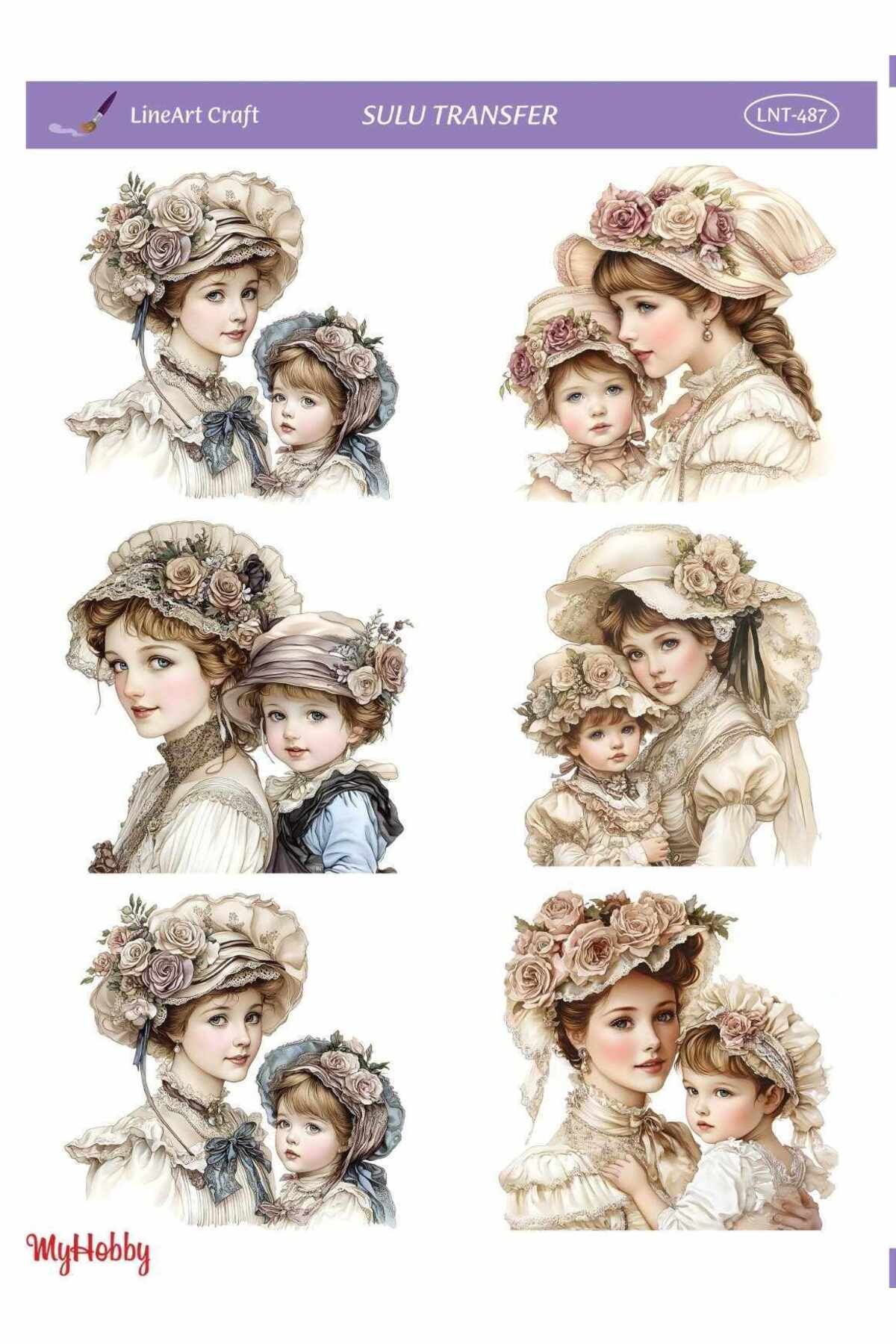 LİNEART LNT487 Çoklu Desen, Anne Çocuk, Anne Kız, Anne Oğul Açık Zemin Sulu Transfer 25*35 cm