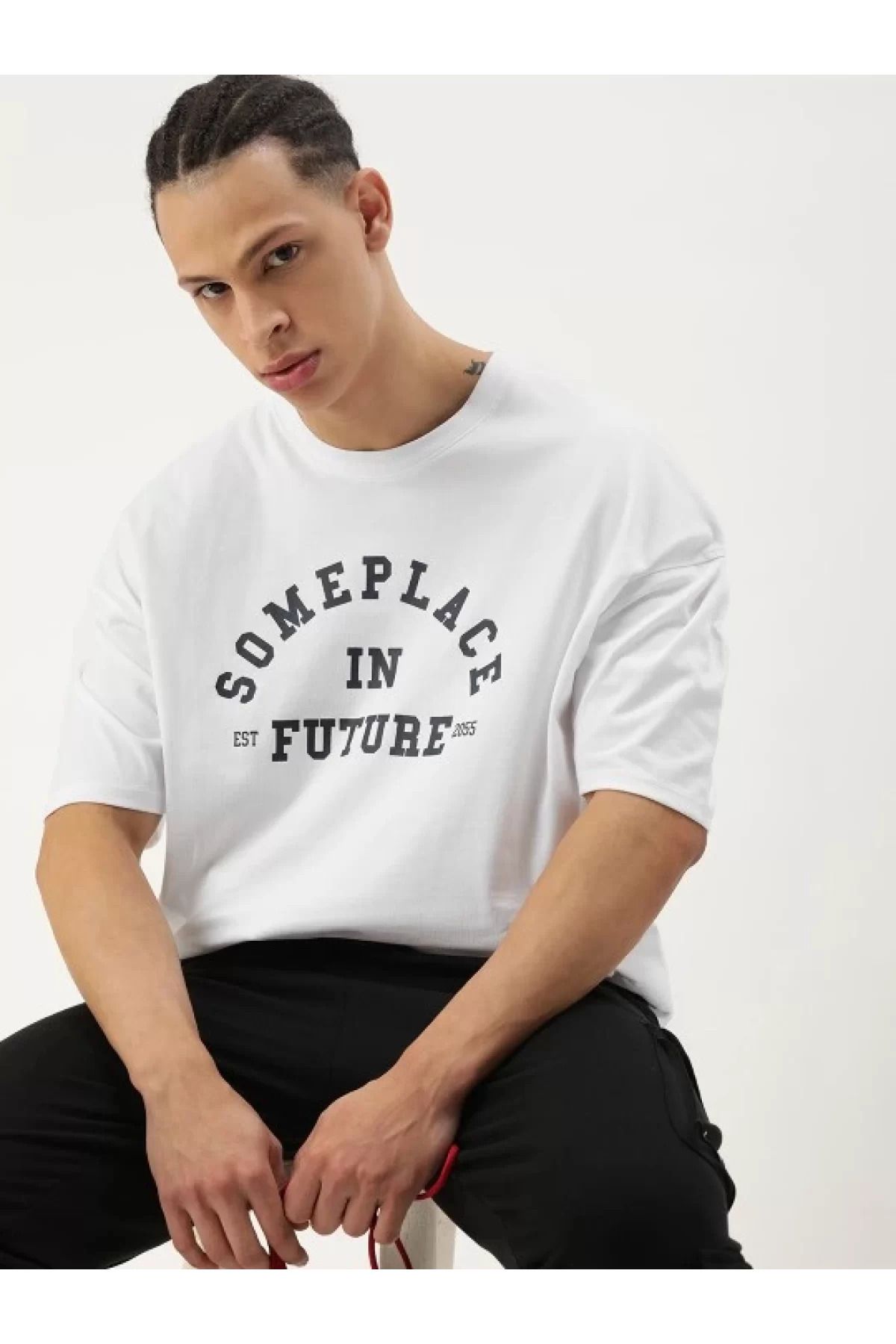 İndigo Park tişört oversize erkek tişört Erkek Baskılı Oversize T-shirt - Beyaz