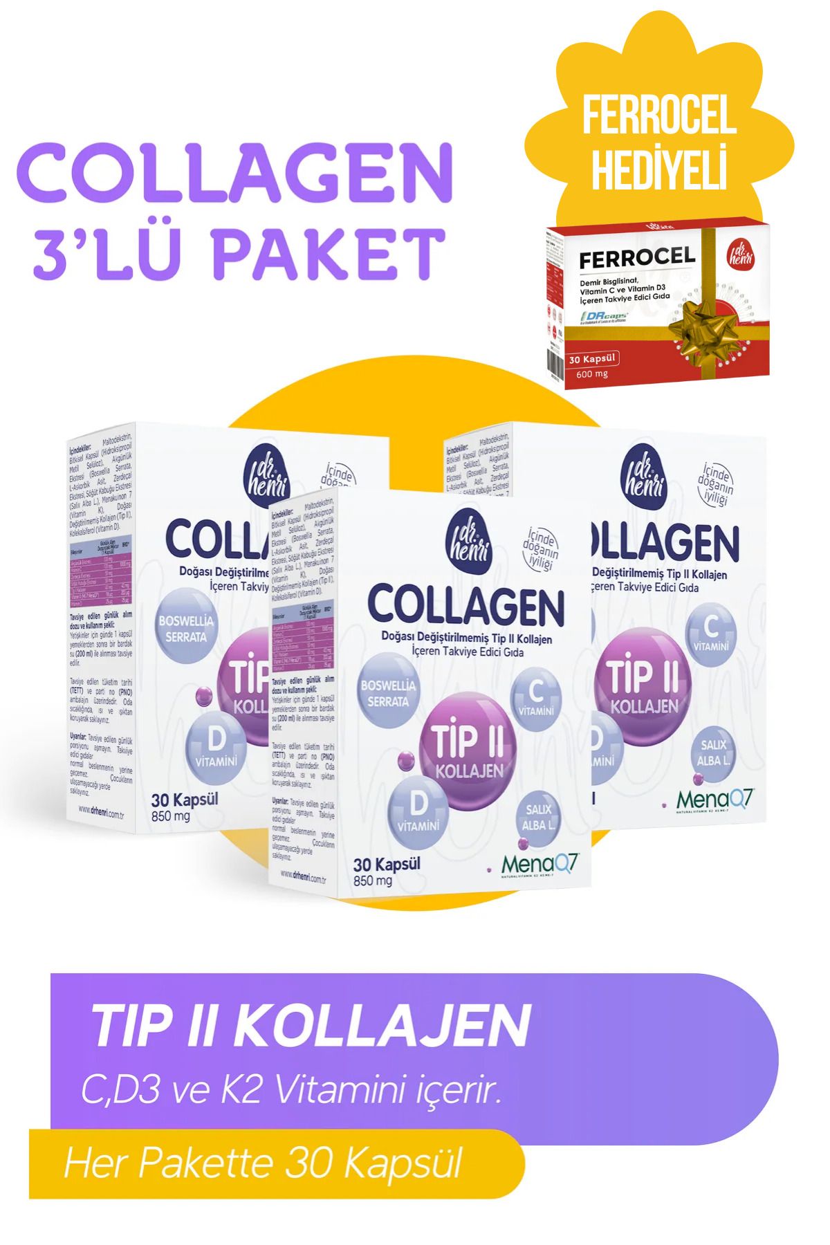 Dr.Henri Kolajen Tip 2 Collagen Içeren 30 Kapsül Takviye Edici Gıda 3'lü Paket