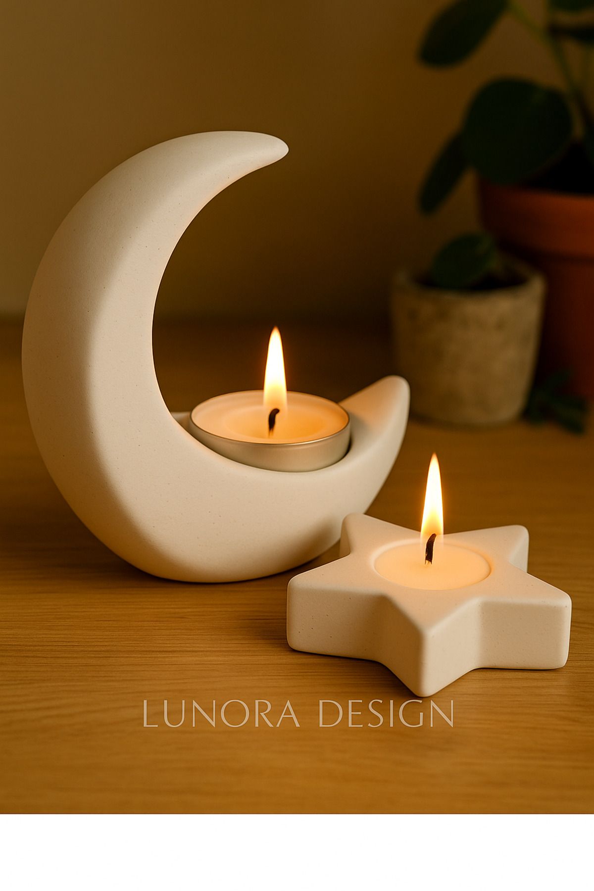 Lunora Design El Yapımı Ay & Yıldız Şekilli 2’li Tealight Mumluk Seti – Beyaz | Lunora Design