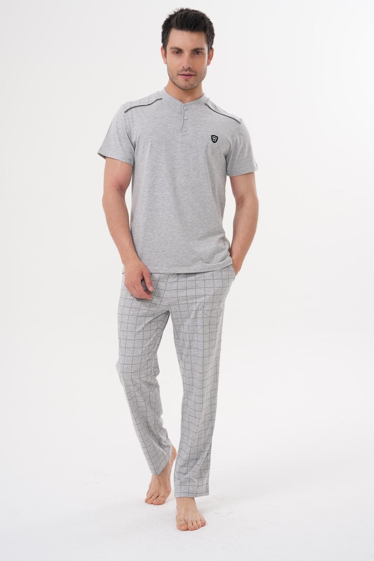 Mecit Pijama Mecit 2981 Gri Büyük Beden Kısa Kollu Erkek Pijama Takımı