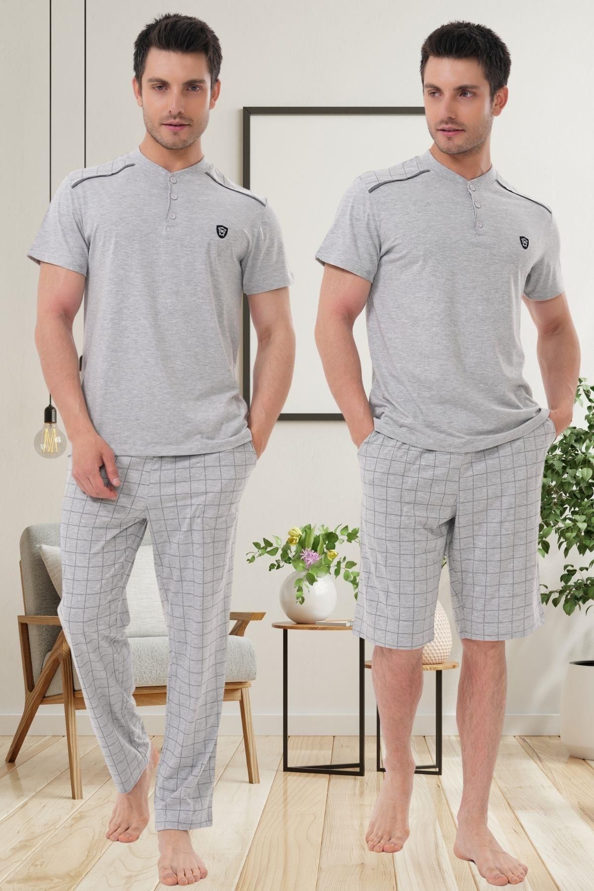 Mecit Pijama Mecit 2980 Gri Büyük Beden 3 Parça Erkek Şortlu Pijama Takımı