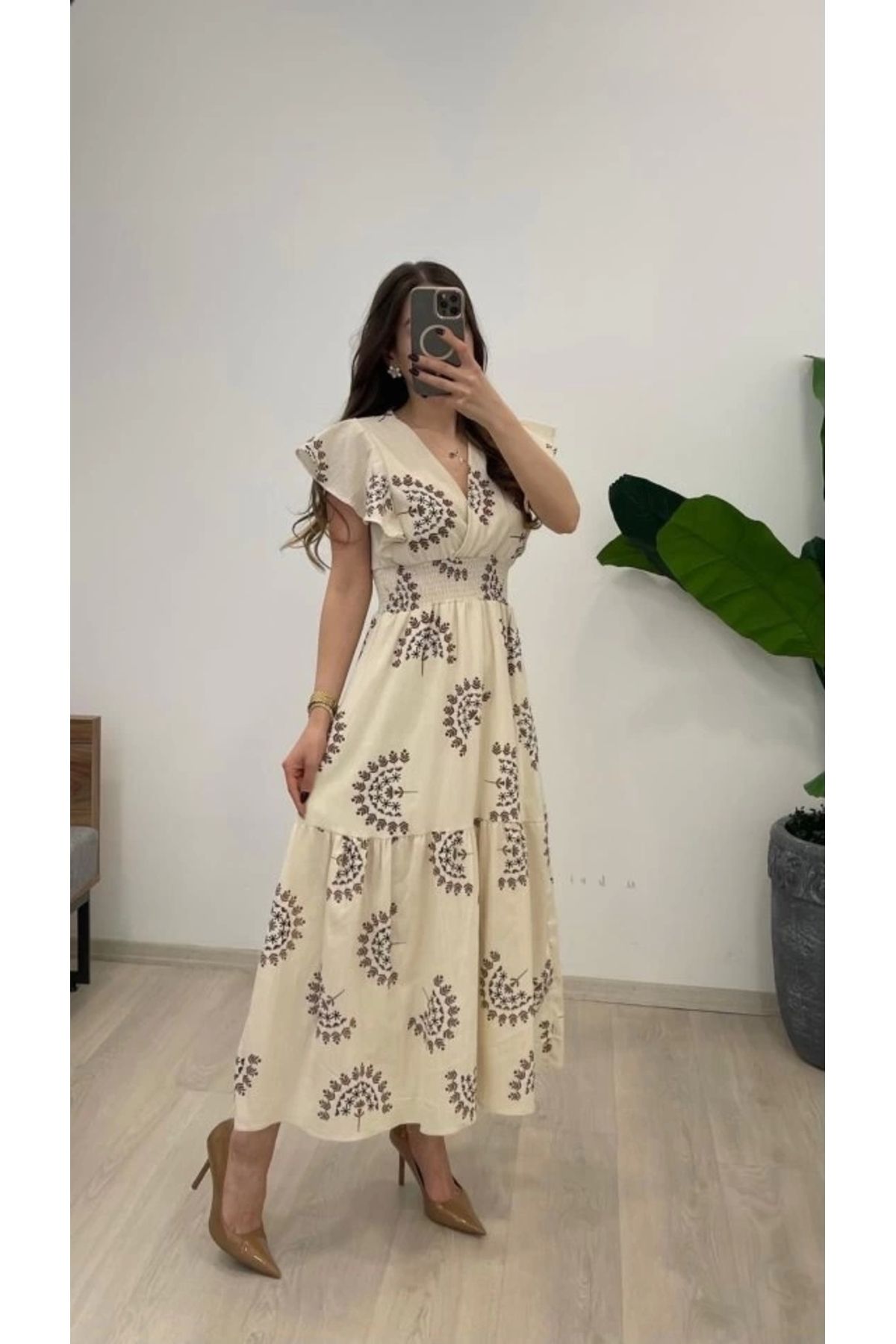 Butik Kadın Keten Kumaş Beli Gipeli V Yaka Maxi Boy Elbise