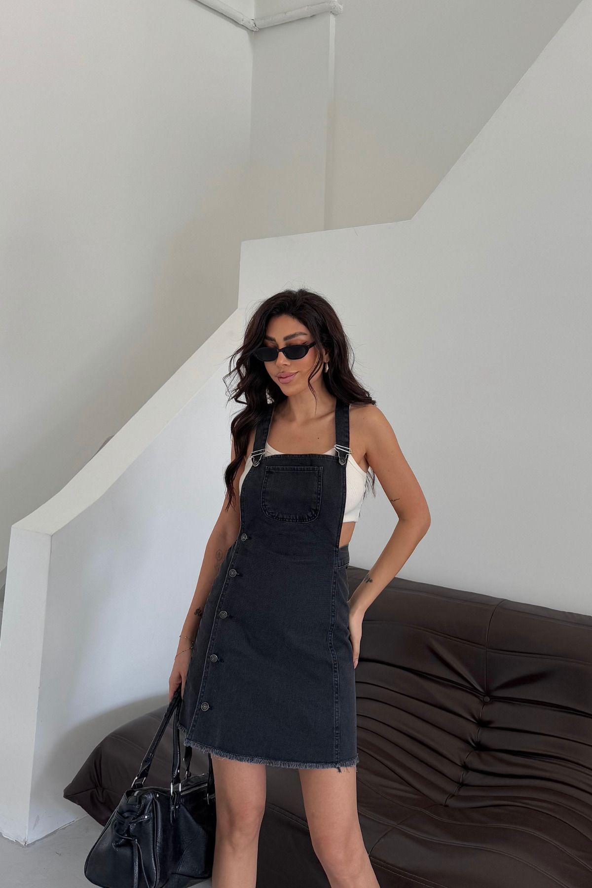 XRAY JEANS Kadın Yanı Düğmeli Etekli Cepli Siyah Kot Salopet