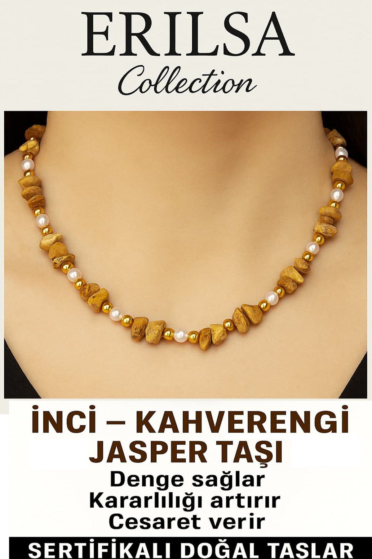 Erilsa Sertifikalı Kırık Taşlı Model İnci – Kahverengi Jasper Taşı Kolye – Enerji ve Denge