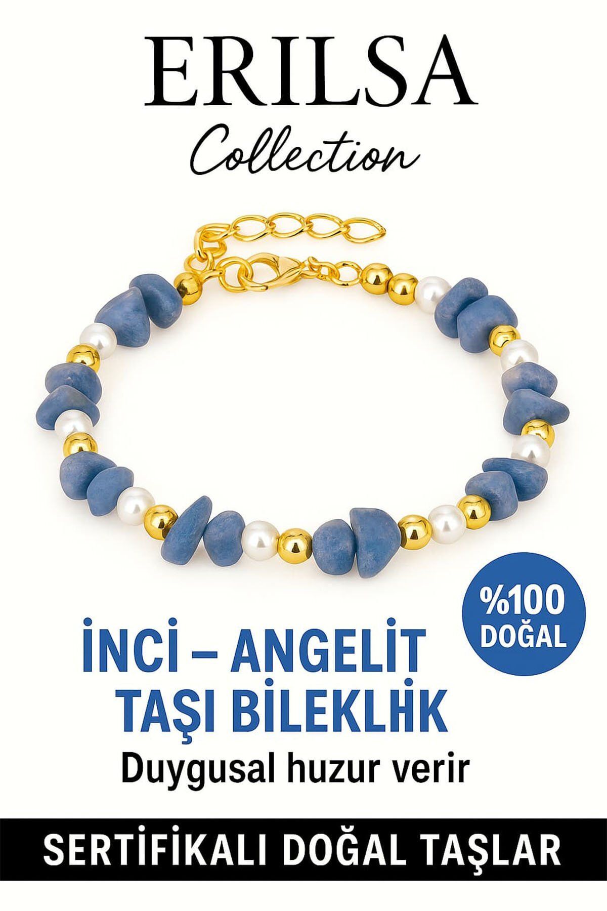 Erilsa Sertifikalı Kırık Taşlı Model İnci – Angelit (Melek Taşı) Bileklik – Ruhsal Denge ve Koruma Enerjis