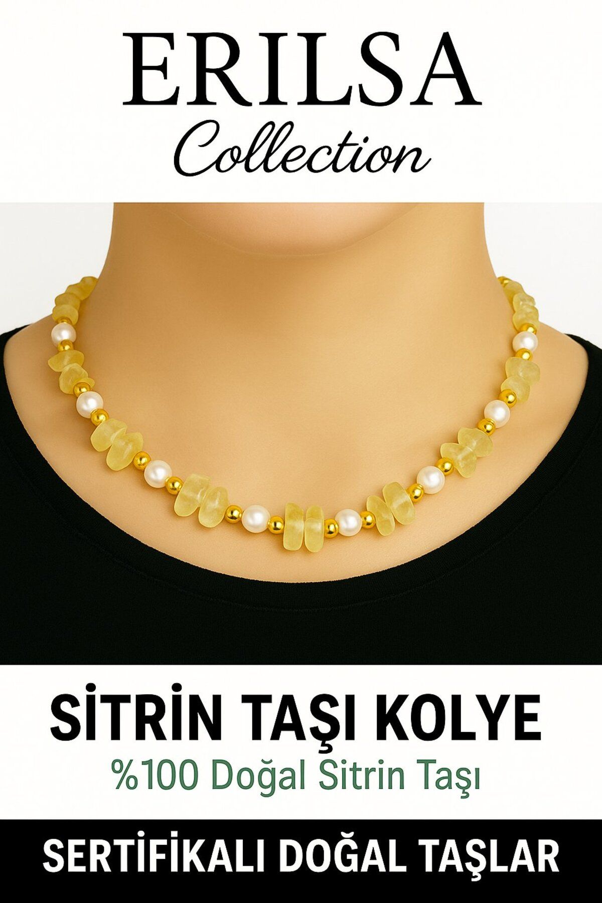 Erilsa Sertifikalı Kırık Taşlı Model İnci – Sitrin Taşı Kolye – Pozitif Enerji ve Bolluk