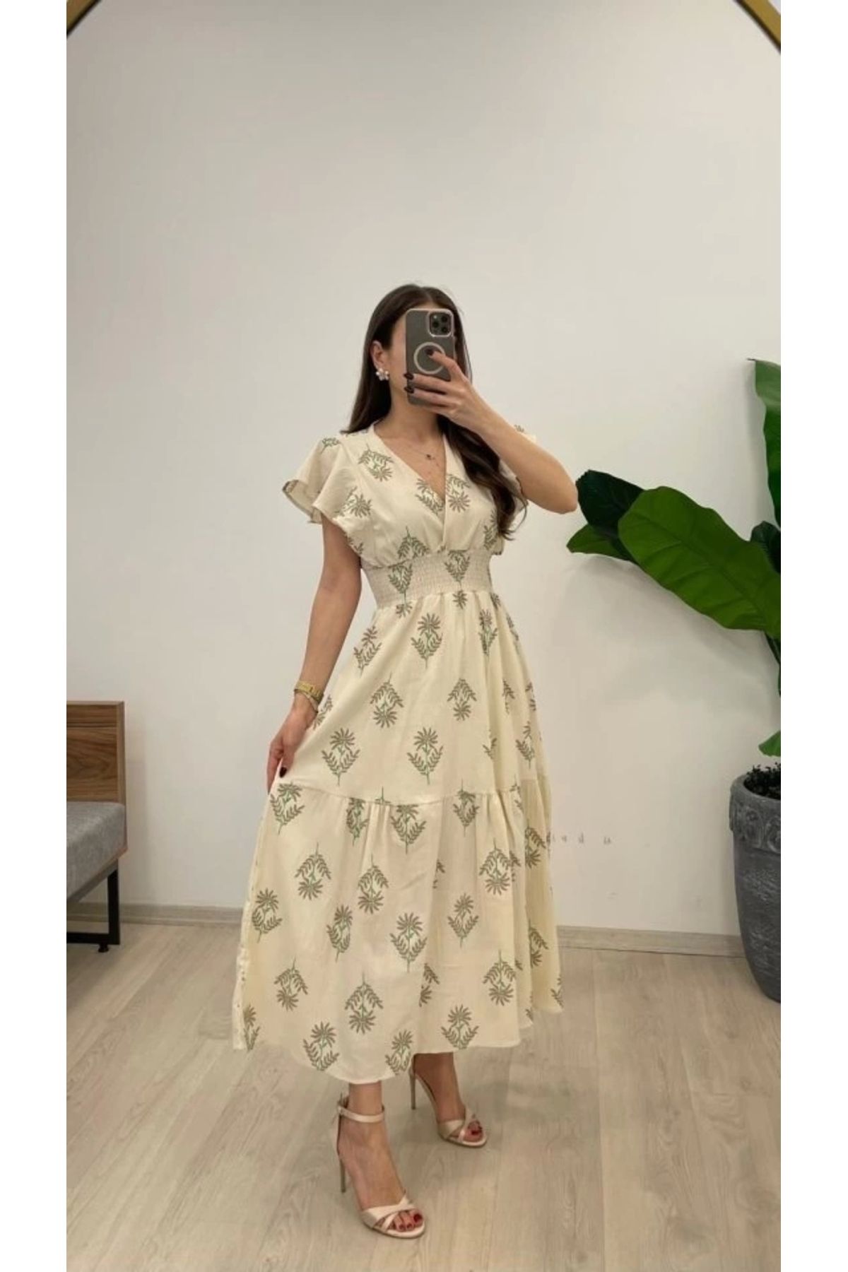 Butik Kadın Keten Kumaş Beli Gipeli V Yaka Maxi Boy Elbise