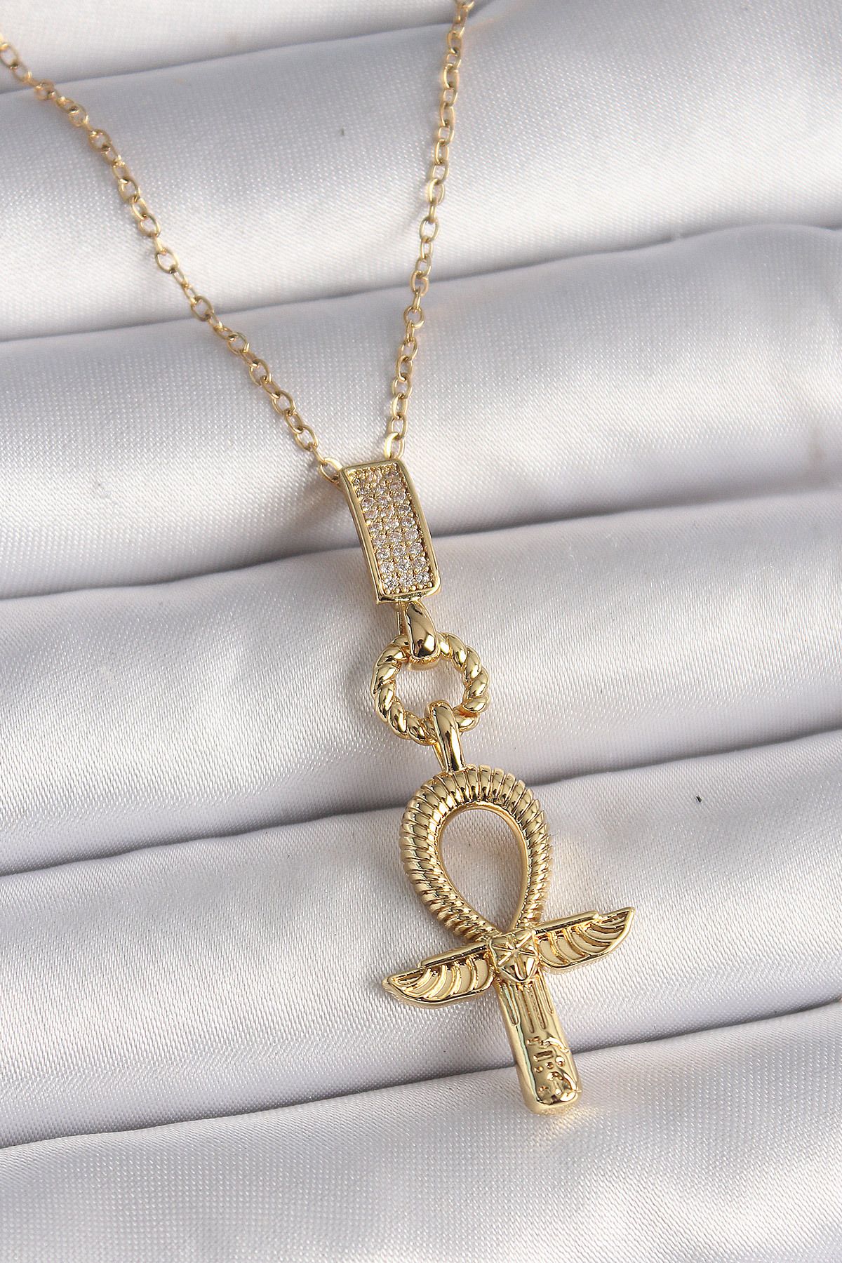 Clariss 316L Çelik Gold Renk Zincir Zirkon Taşlı Ankh Model Kadın Kolye