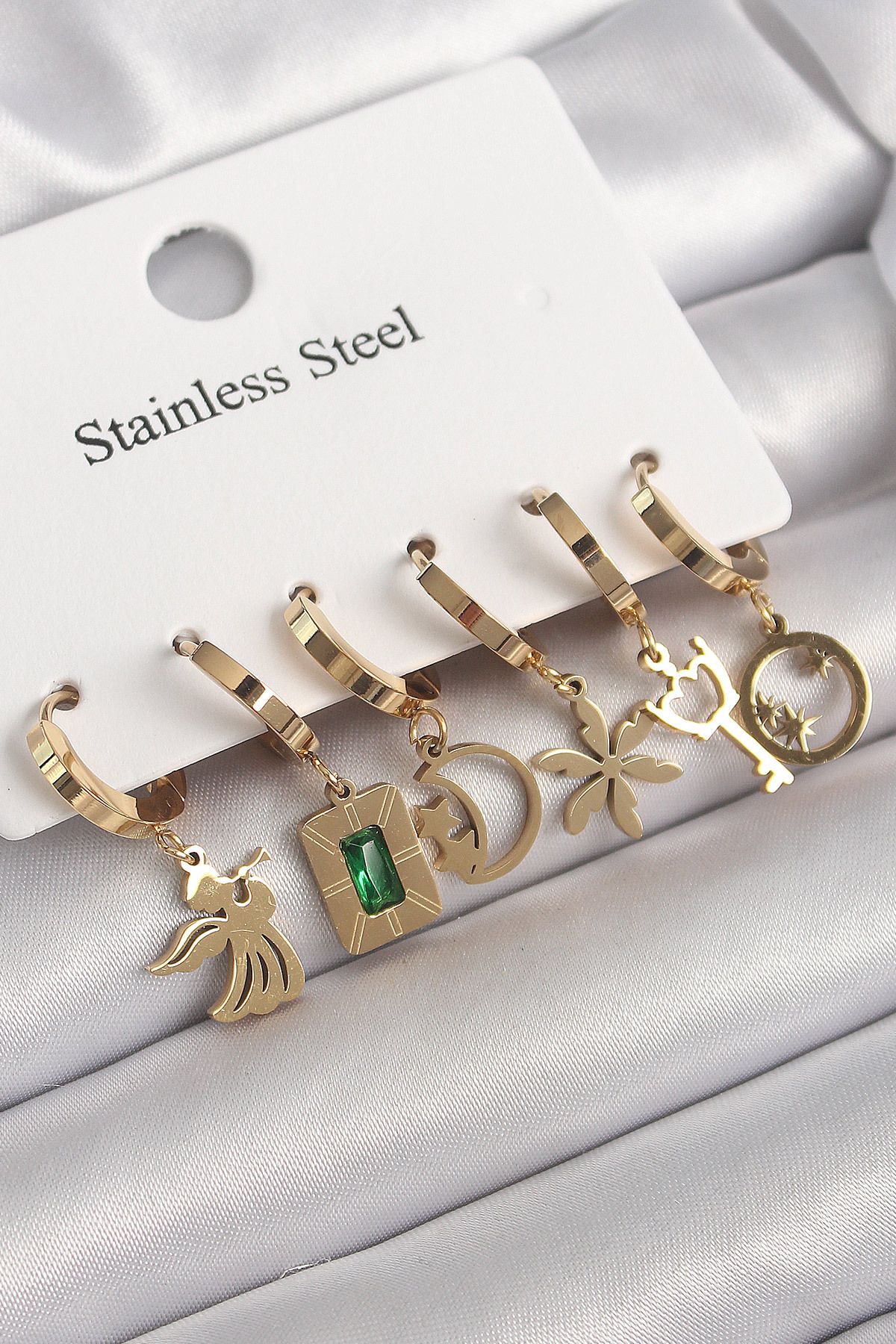 Clariss 316L Çelik Gold Renk Sallantı Çoklu Figür Model Zirkon Taş Detaylı Kadın Küpe Seti