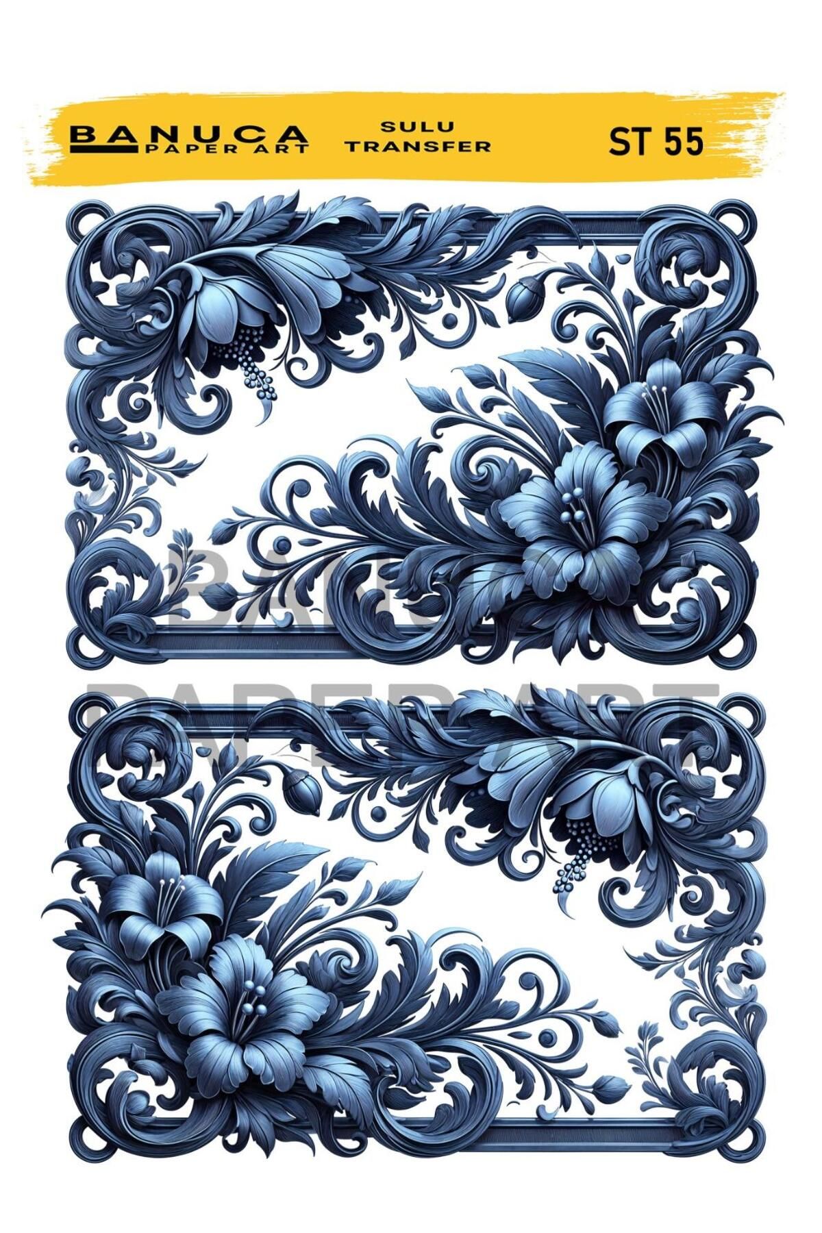 Banuca Paper Art ST55 Mavi Beyaz, BleuBlanc Desen Açık Zemin Sulu Transfer 25*35 cm