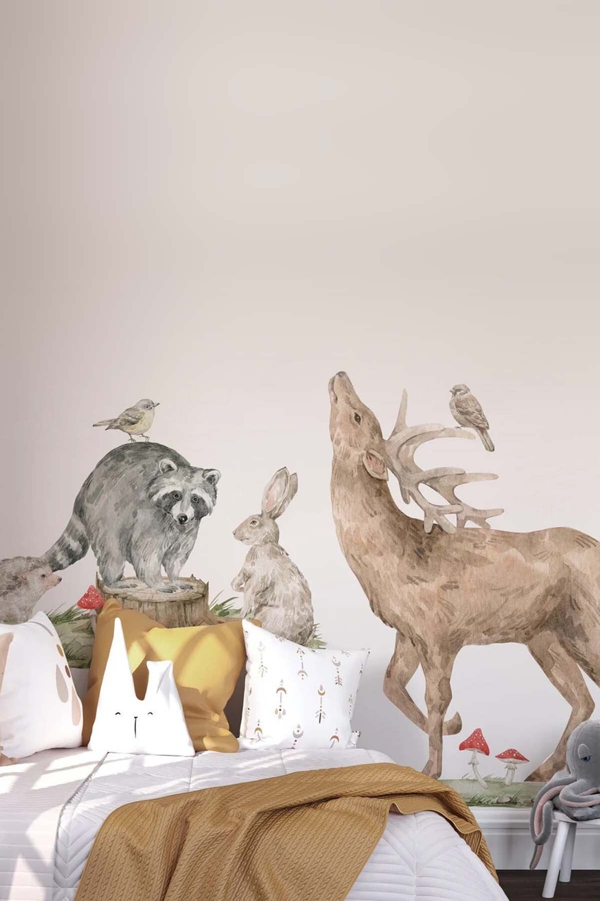 KT Decor Orman Arkadaşları Woodland Geyik Rakun Tavşan Duvar Sticker Seti