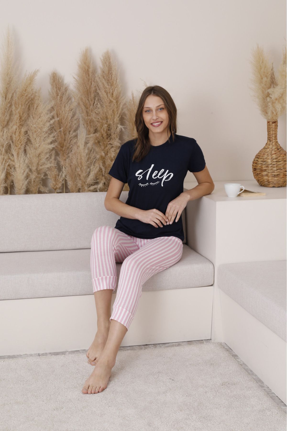 Mia Kadın Pijama Kısa Kol Sleep Yazılı Bisiklet Yaka Altı Çizgili Pijama Takımı