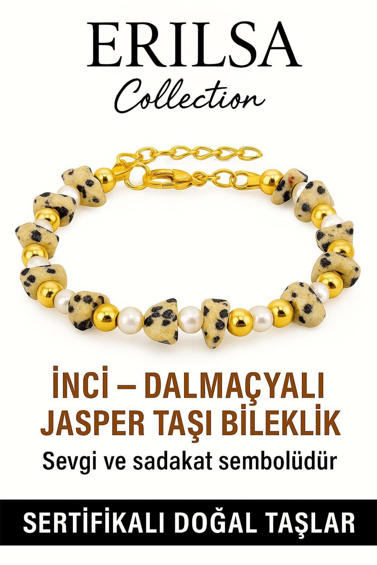 Erilsa Sertifikalı İnci ve Dalmaçyalı Bıldırcın Jasper Taşı Bileklik – Enerji ve Denge