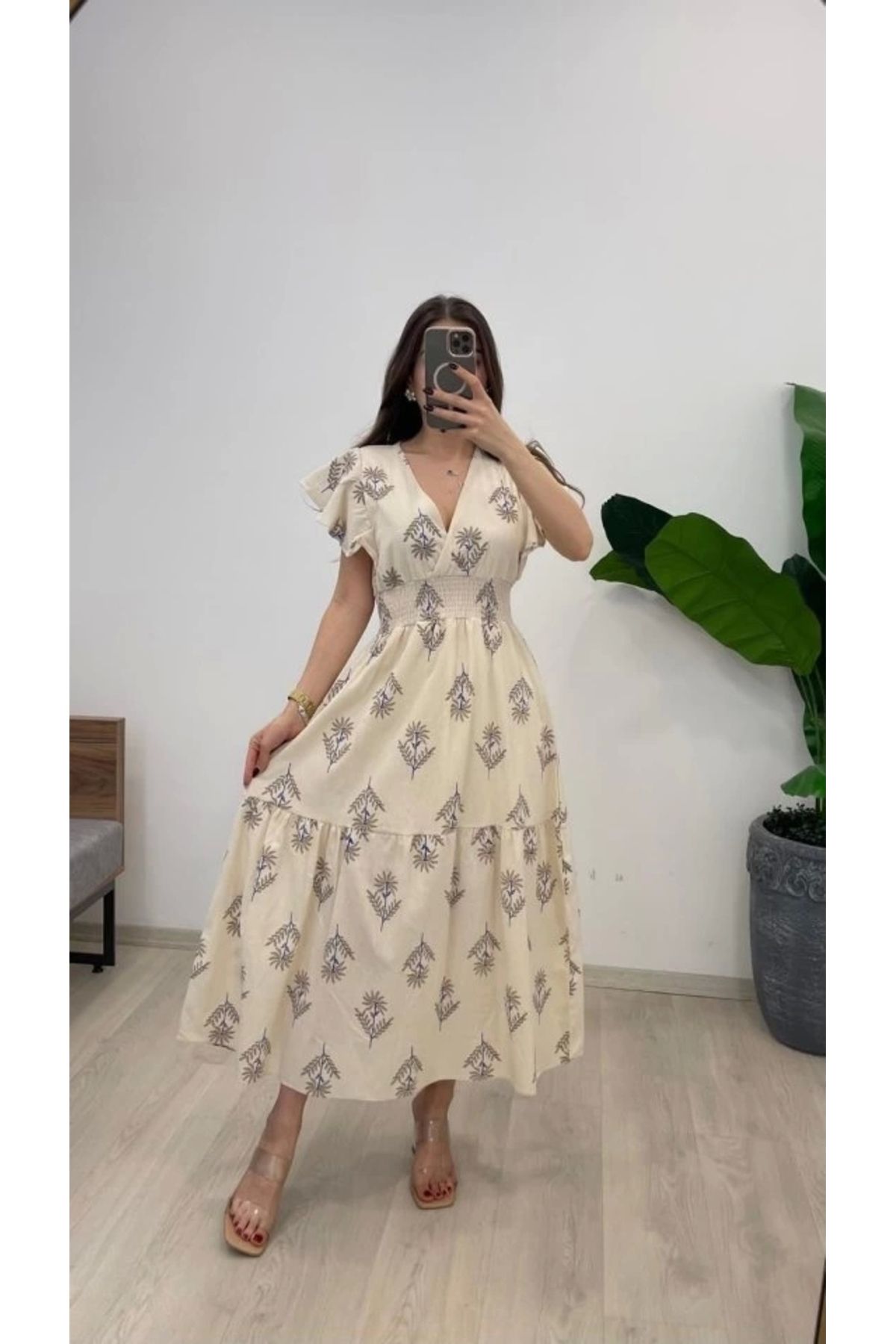 Butik Kadın Keten Kumaş Beli Gipeli V Yaka Maxi Boy Elbise