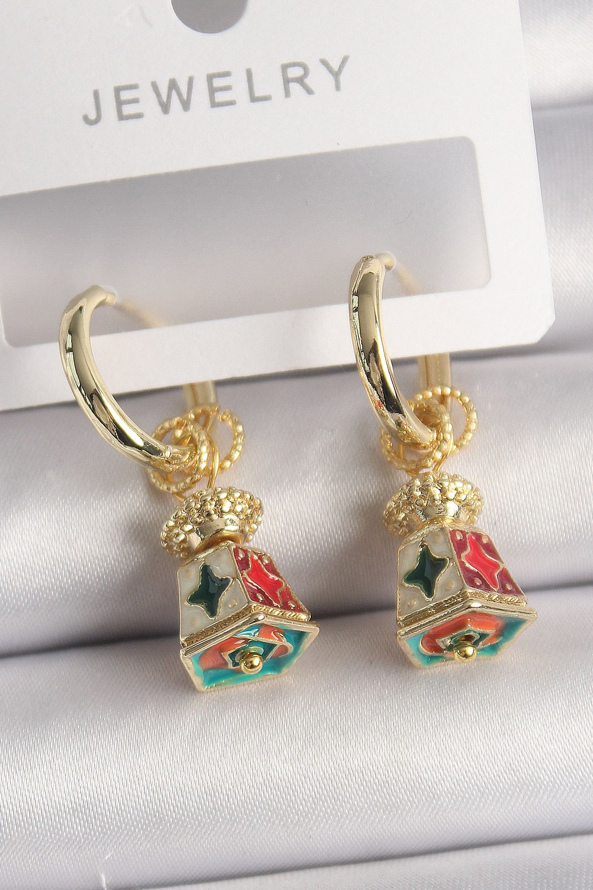 Clariss Pirinç Gold Renk Renkli Vintage Çin Emaye Model Kadın Küpe