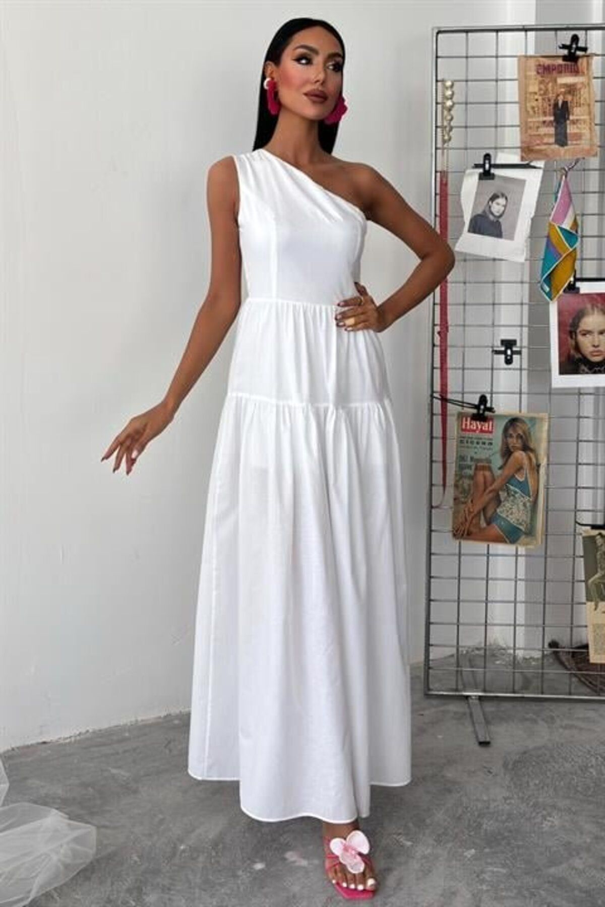 velmorafashion Tek Omuzlu Pile Detay Maxi Elbise 2895