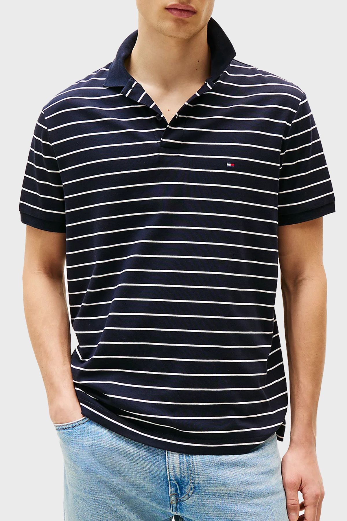 Tommy Hilfiger Çizgili % 100 Pamuk Regular Fit Düğmeli Polo Yaka T Shirt Erkek POLO YAKA T SHİRT MW0