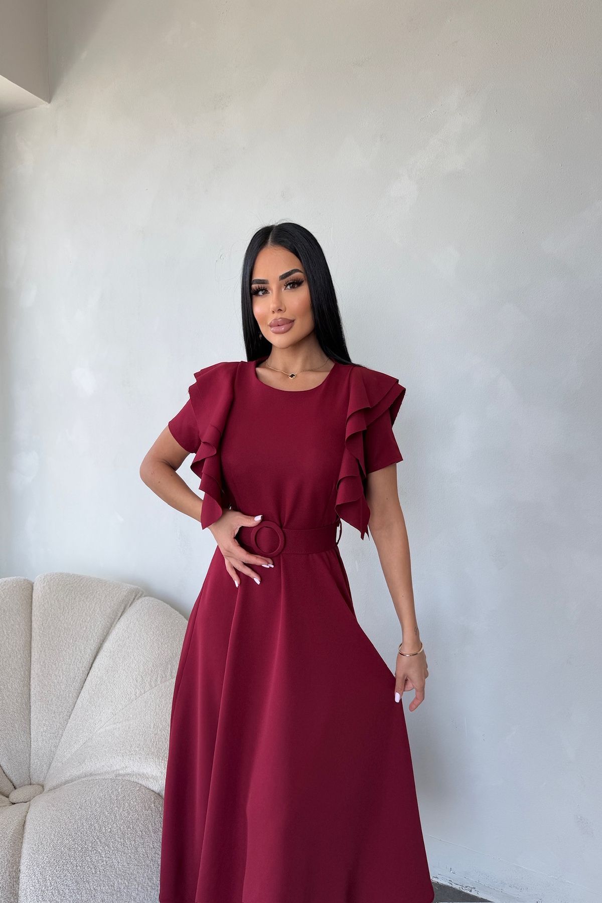 kamacibutik Bisiklet Yaka Kemerli Omuz Detaylı Elbise