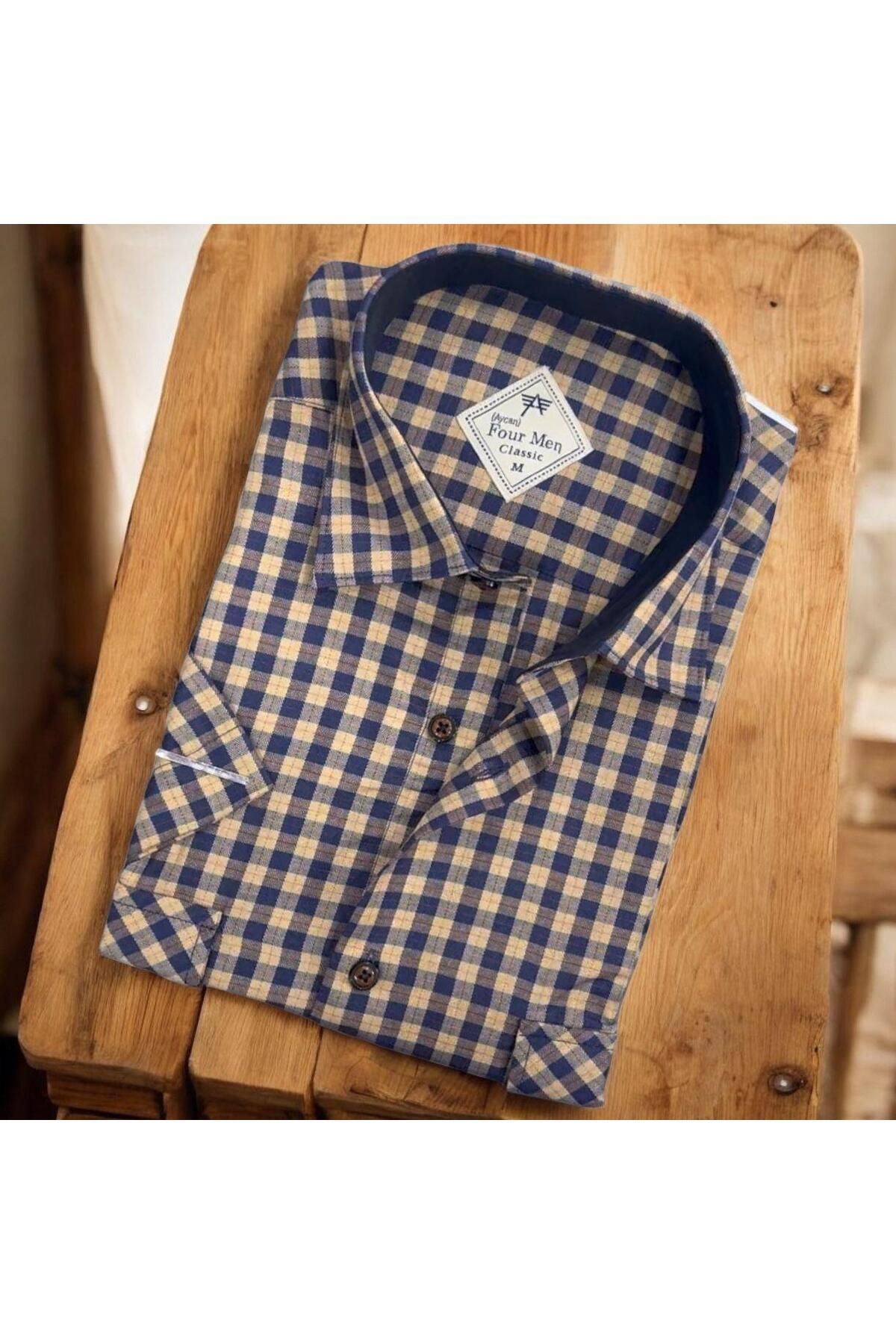 EREN STYLE Linen Keten Klasik Kısa Kollu Krem Gömlek (Regular Kalıp)