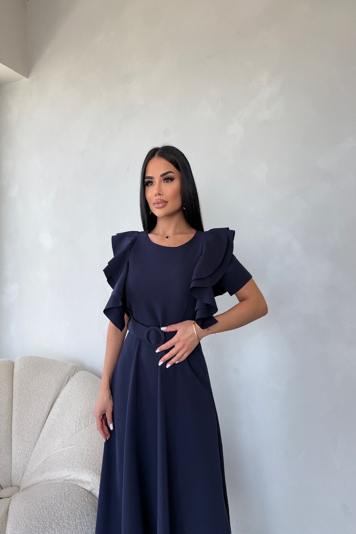 kamacibutik Bisiklet Yaka Kemerli Omuz Detaylı Elbise