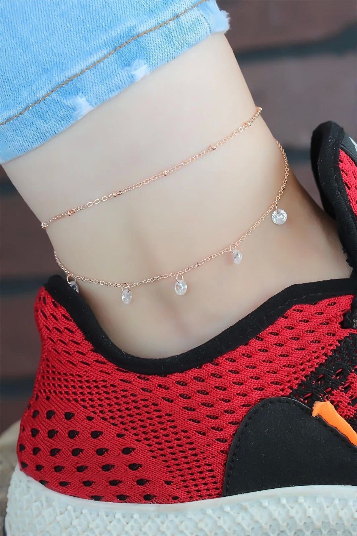 Moco Zirkon Taşlı Çift Zincirli Rose Renk Hal Hal