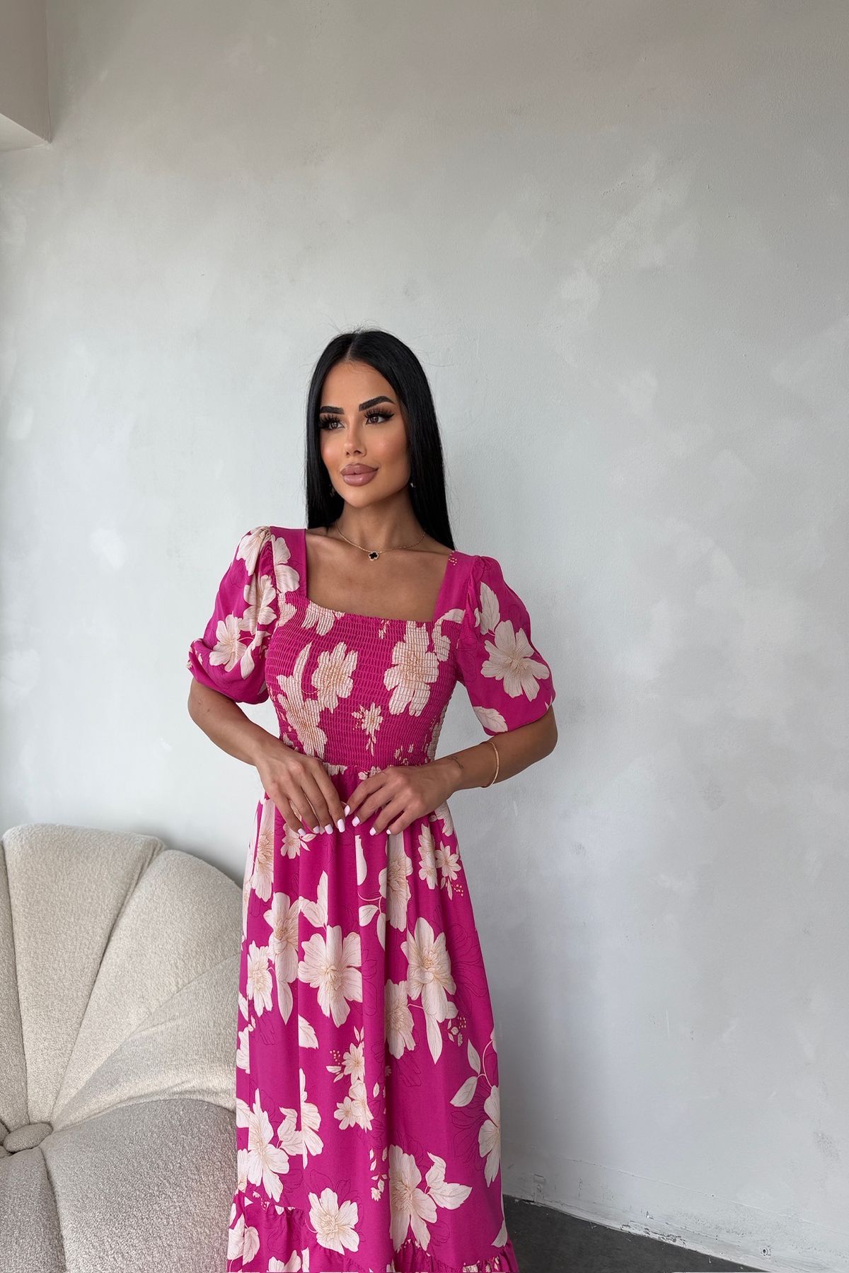 kamacibutik Kare Yaka Çiçek Desenli Elbise (Standart Beden S/M/L/XL Uyumlu)