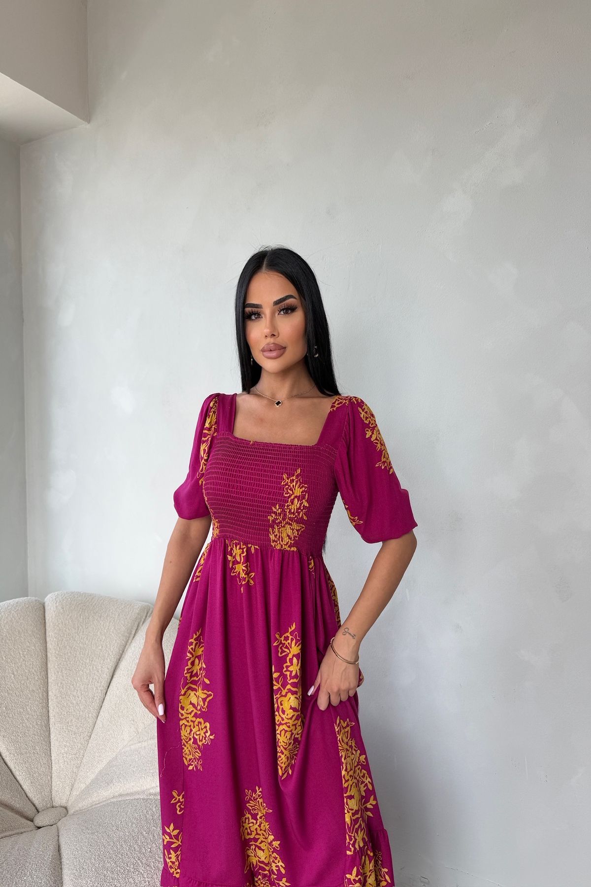 kamacibutik Kare Yaka Etnik Desenli Elbise (Standart Beden S/M/L/XL Uyumlu)