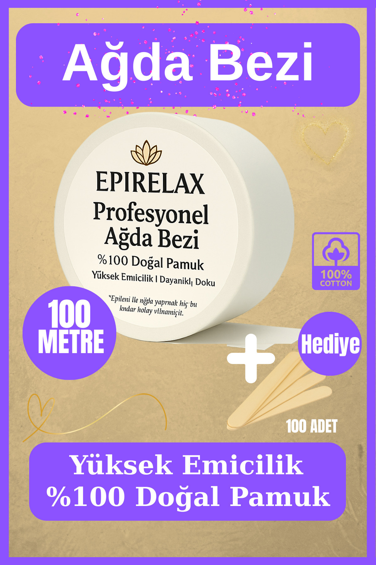EpiRelax 100 Metre Ağda Uygulama Bezi - Yüksek Emicilik Pamuk + 100 Adet Spatula Hediye