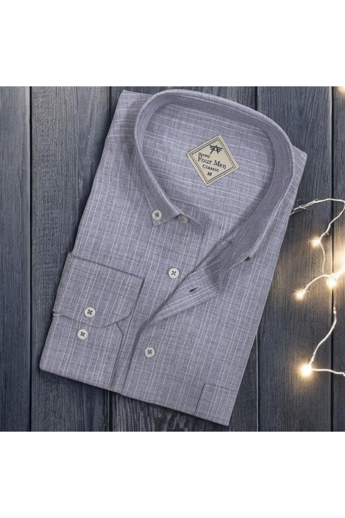 EREN STYLE Linen Keten Hafif Kumaş Uzun Kollu Mavi Erkek Gömlek (Regular Kalıp)