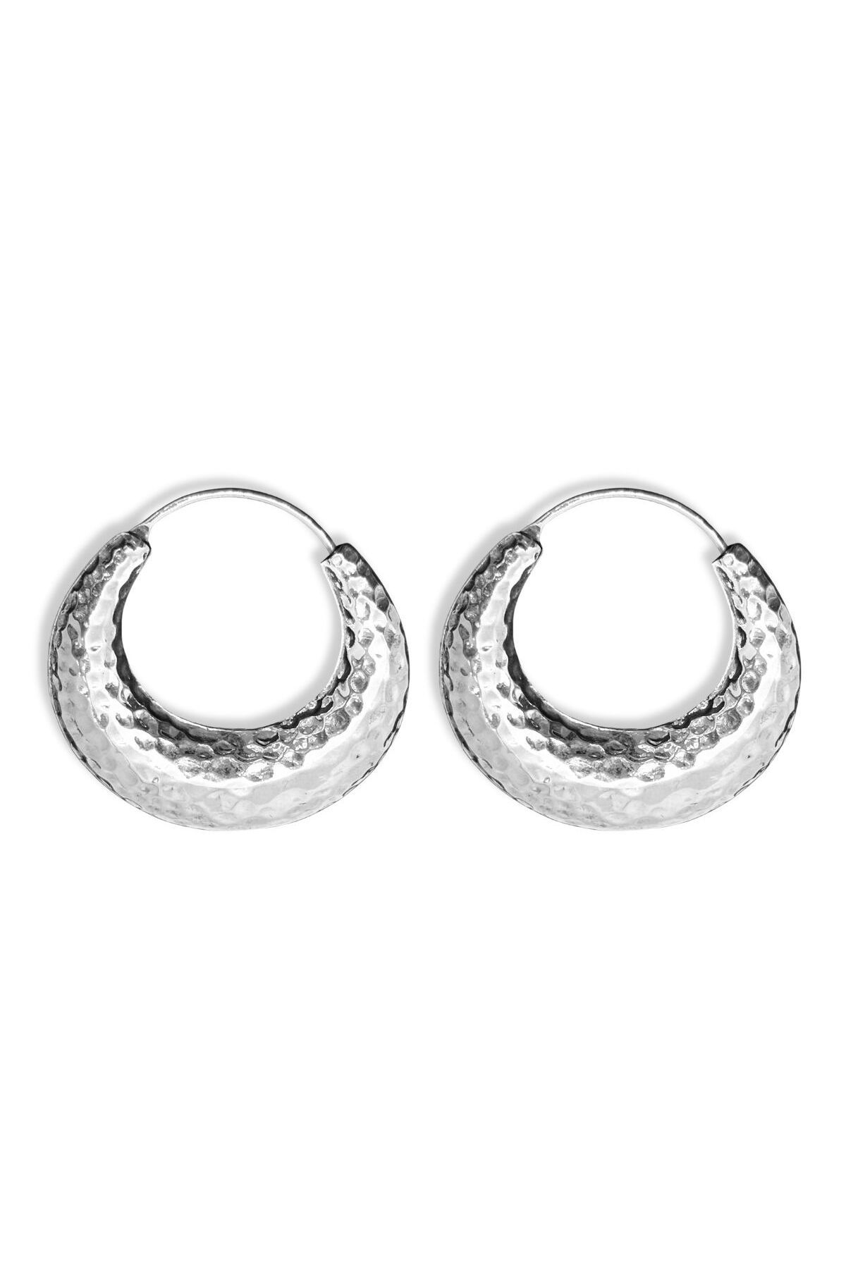 oya silver Çekiç Dokulu Yarım Ay Kadın Gümüş Halka Küpe 3x3CM