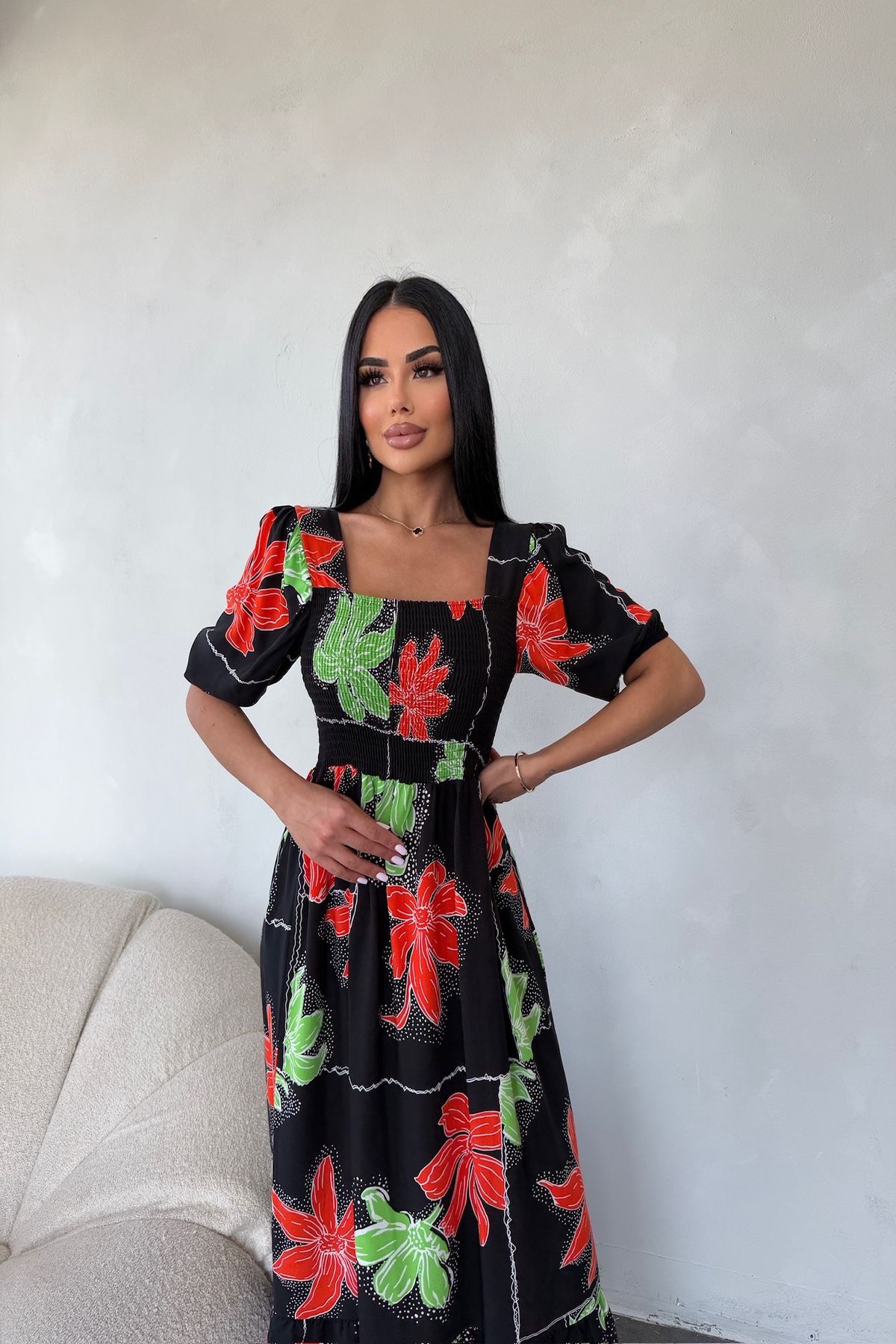 kamacibutik Kare Yaka Çiçek Desenli Elbise (Standart Beden S/M/L/XL Uyumlu)