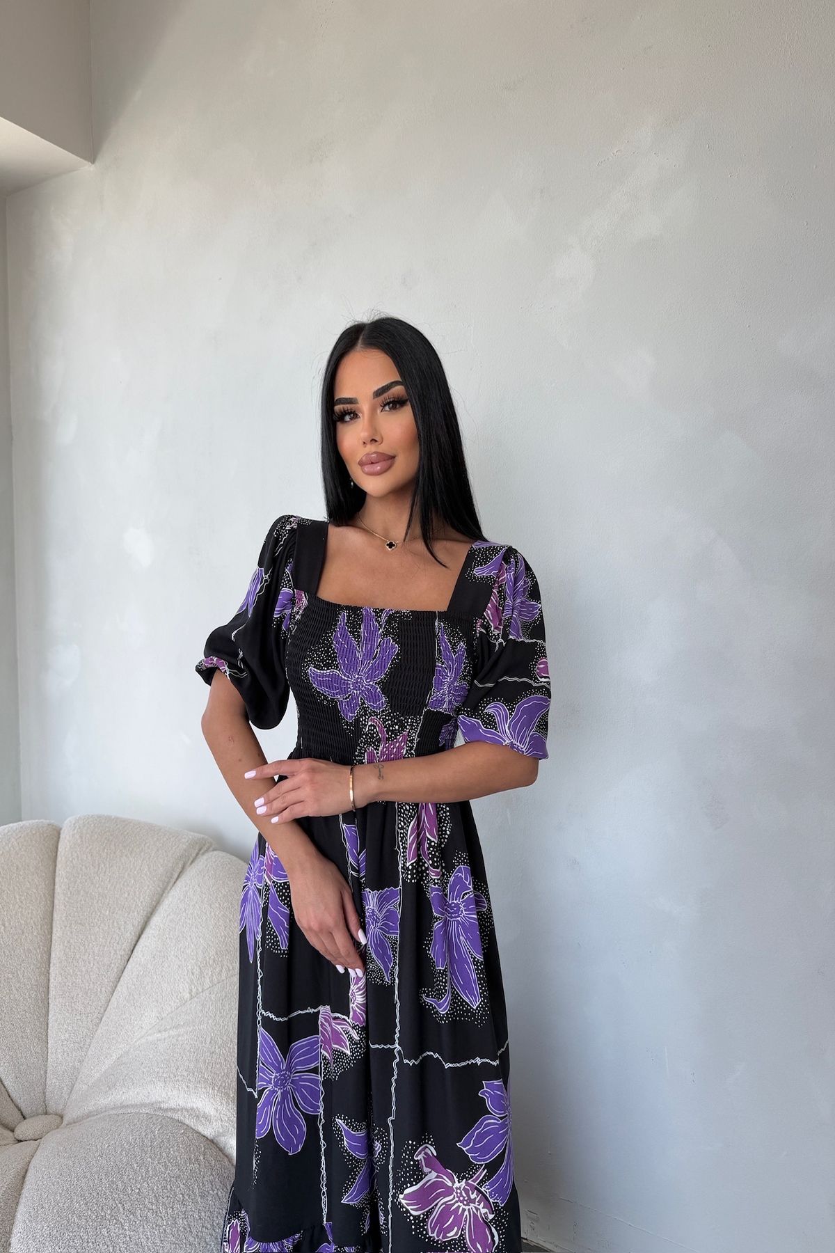 kamacibutik Kare Yaka Çiçek Desenli Elbise (Standart Beden S/M/L/XL Uyumlu)
