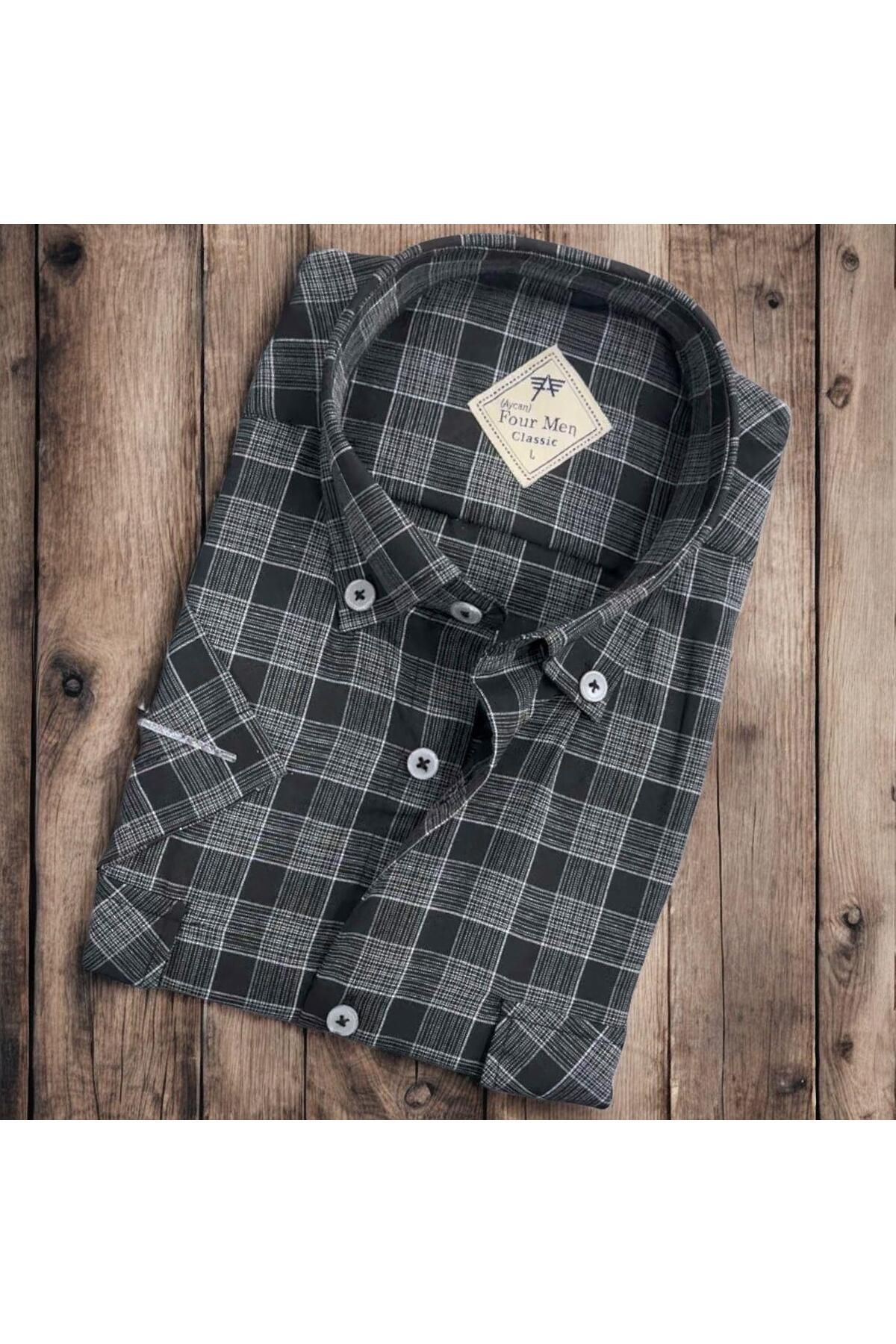 EREN STYLE Linen Keten Klasik Kısa Kollu Antrasit Gömlek (Regular Kalıp)