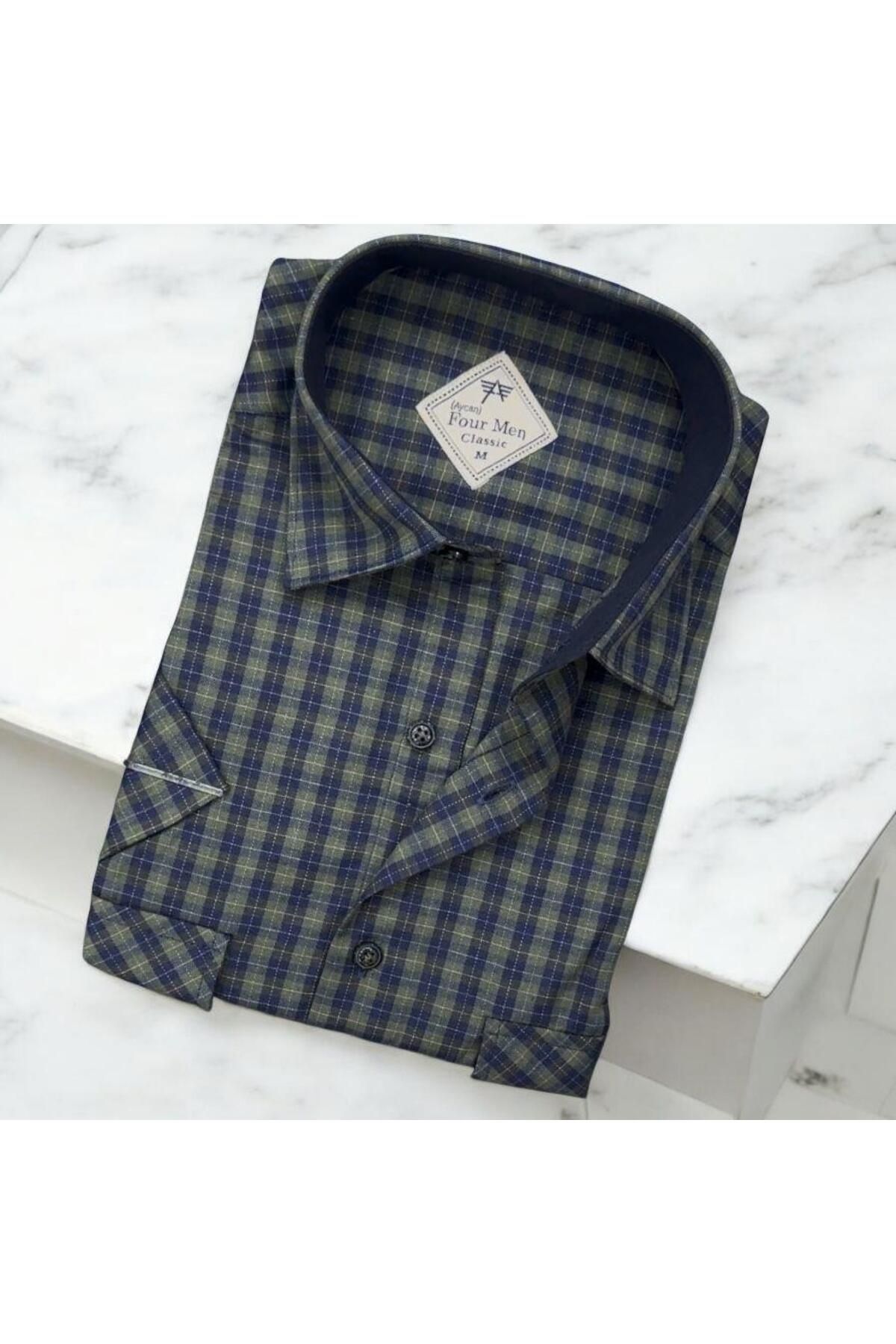 EREN STYLE Linen Keten 2 Cepli Kısa Kollu Yeşil Baba Gömleği (Regular Kalıp)