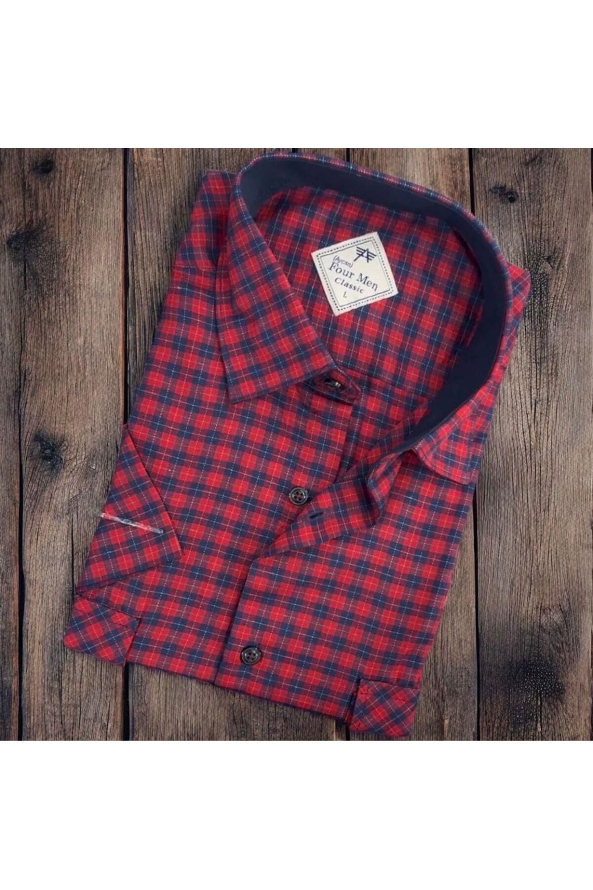 EREN STYLE Linen Keten 2 Cepli Kısa Kollu Kırmızı Baba Gömleği (Regular Kalıp)