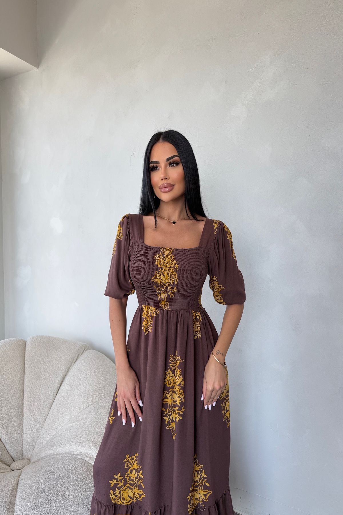 kamacibutik Kare Yaka Etnik Desenli Elbise (Standart Beden S/M/L/XL Uyumlu)