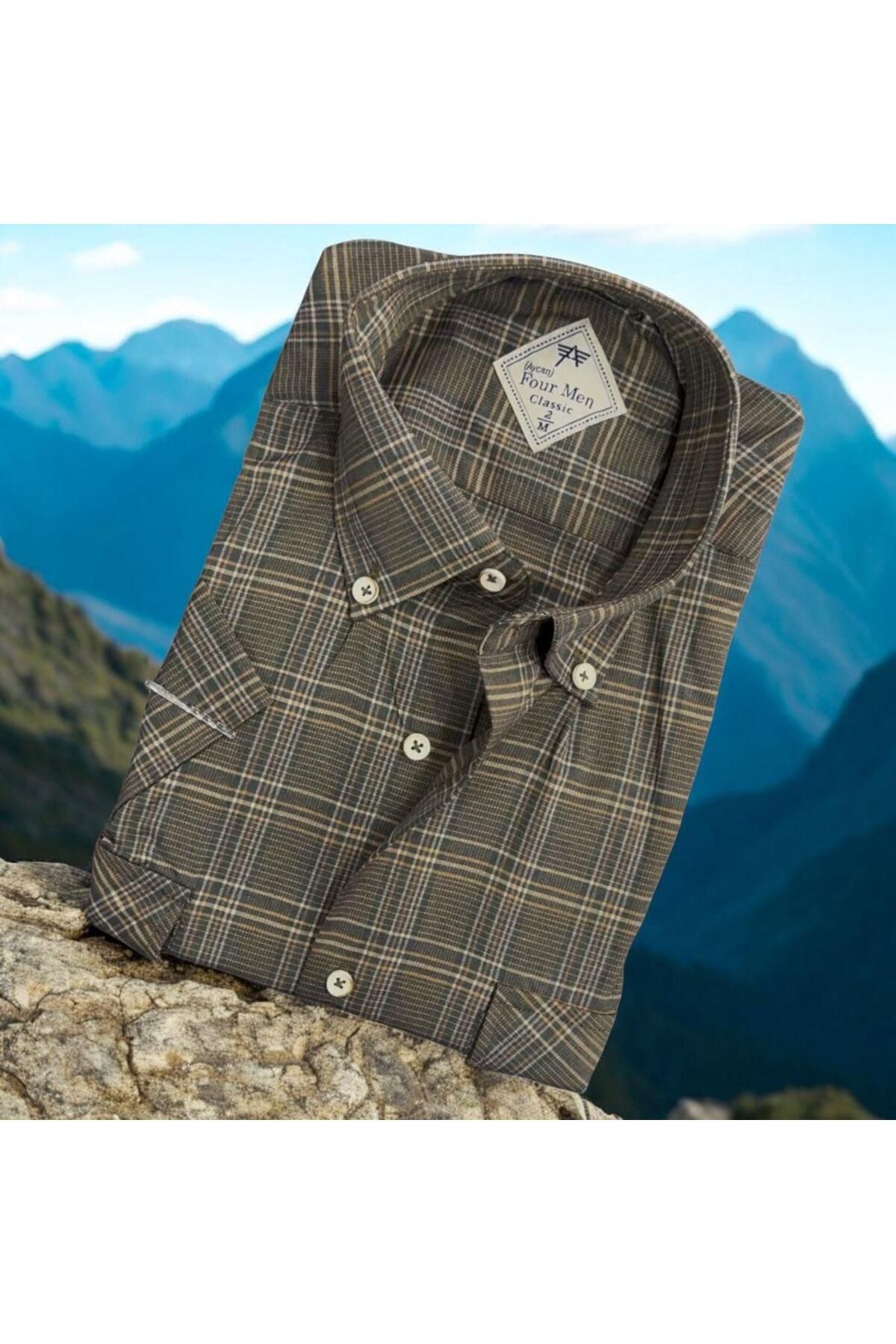 EREN STYLE Linen Keten Klasik Kısa Kollu Vizon Gömlek (Regular Kalıp)