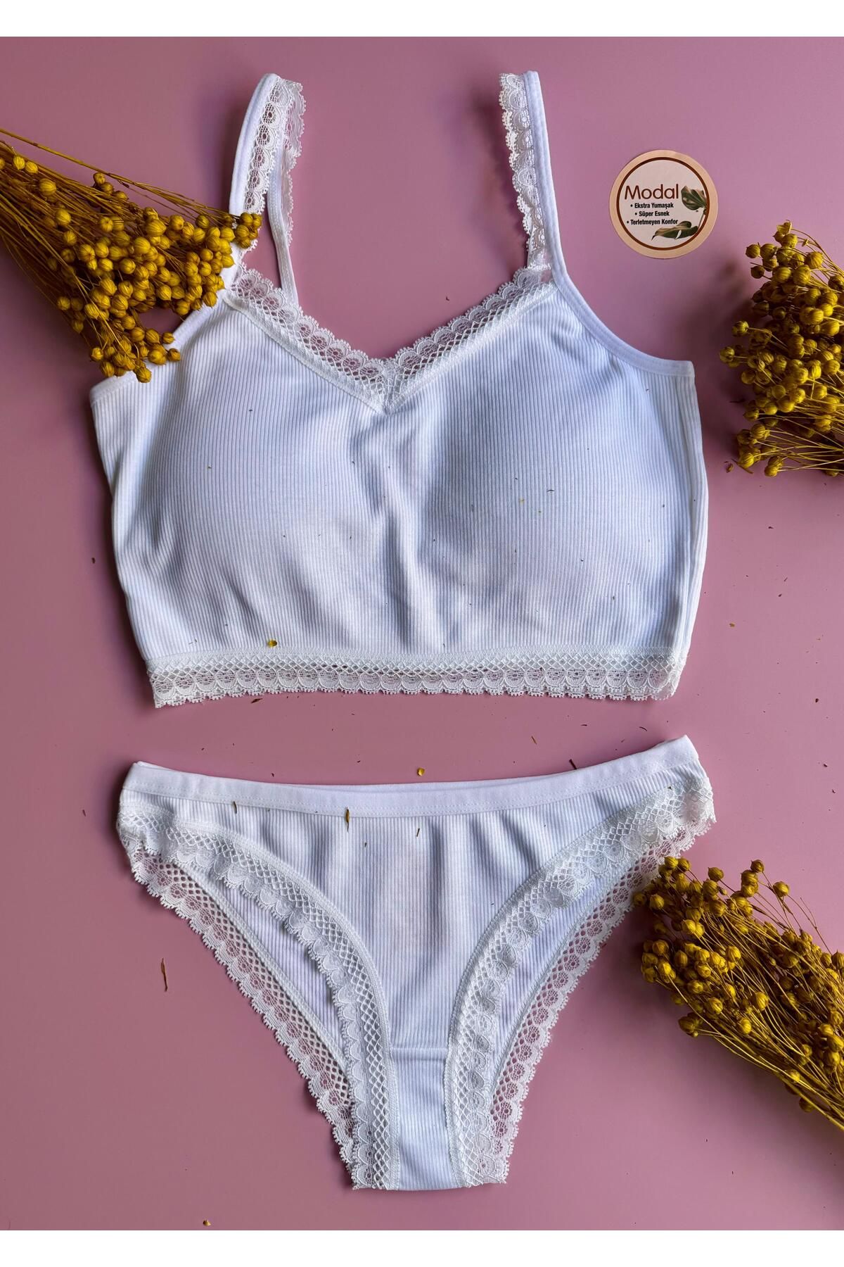 Elosia Modal Kumaş, Beyaz Renk, Sütyen ve Slip Külot Takım -Kaşkorse ve Dantel Detaylı- 45E13