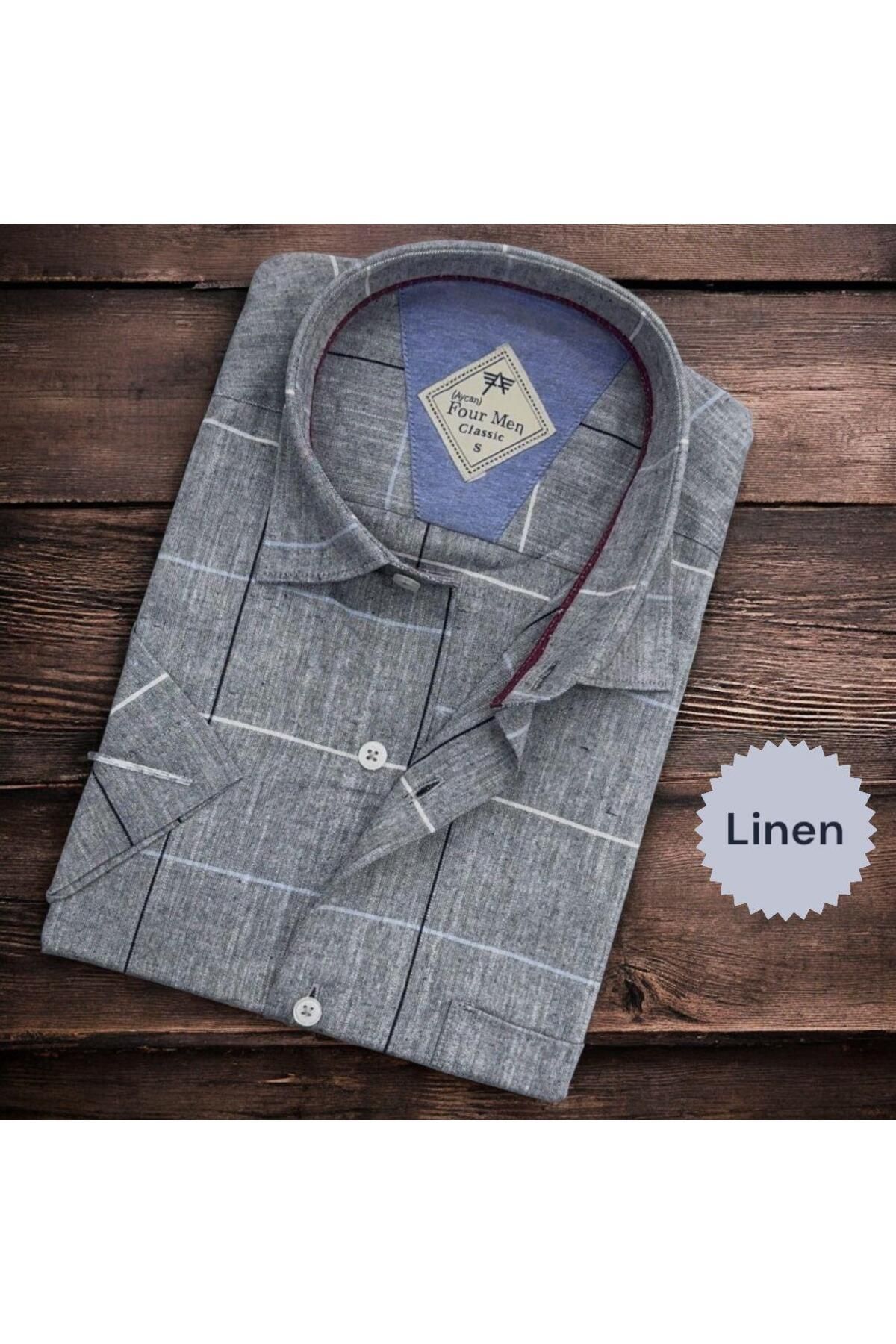 EREN STYLE Linen Keten Klasik Kısa Kollu Gri Gömlek (Regular Kalıp)