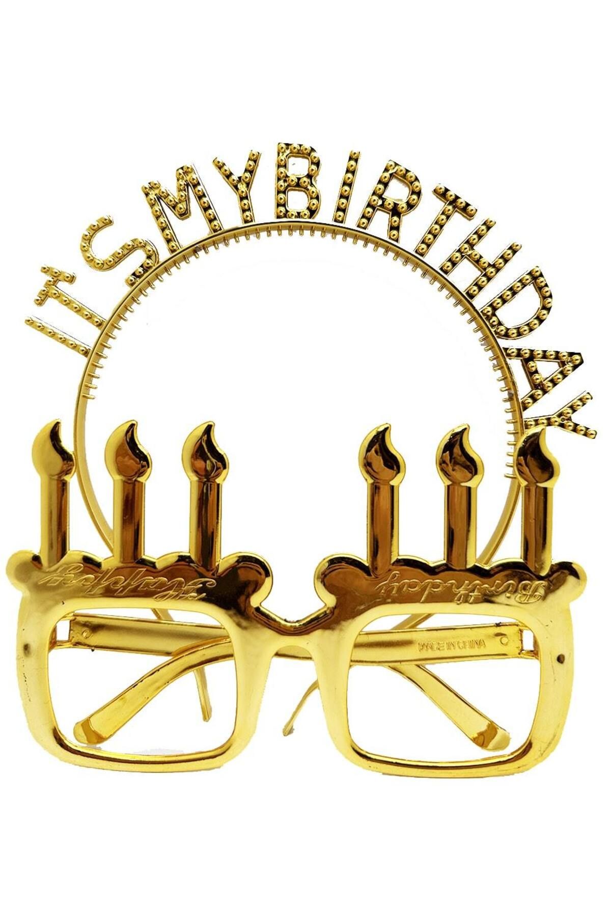 Avantaj Kapıda ® İt&#39;s My Taç ve Birthday Yazılı Mum Şekilli Gözlük Seti Altın Renk