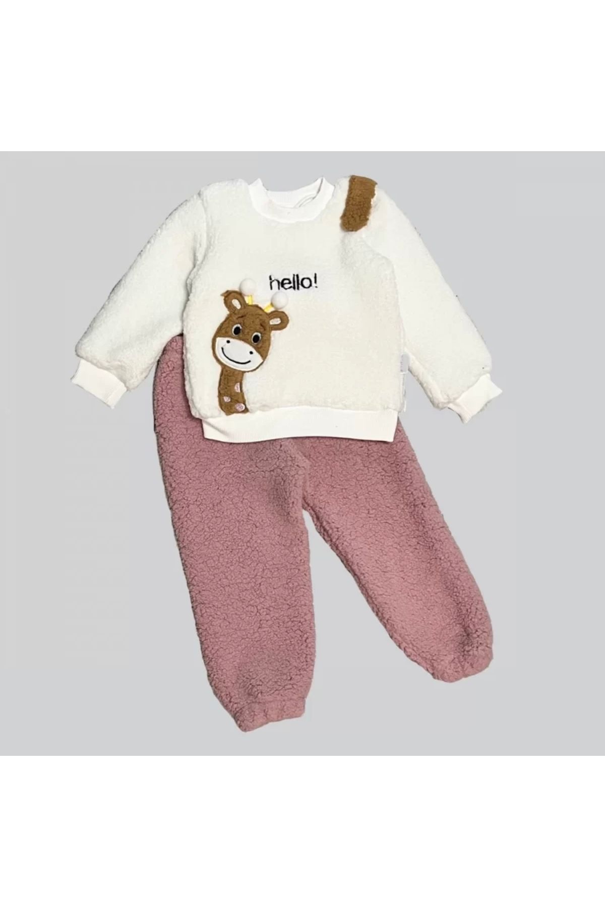 Moda Şahsenem 1-2-3 Yaş Hello Zürafa Nakışlı Kuzu Kumaş Sweat Pantolon Uzun Kollu Kız Erkek 2 Li Takımı Gül Kurusu